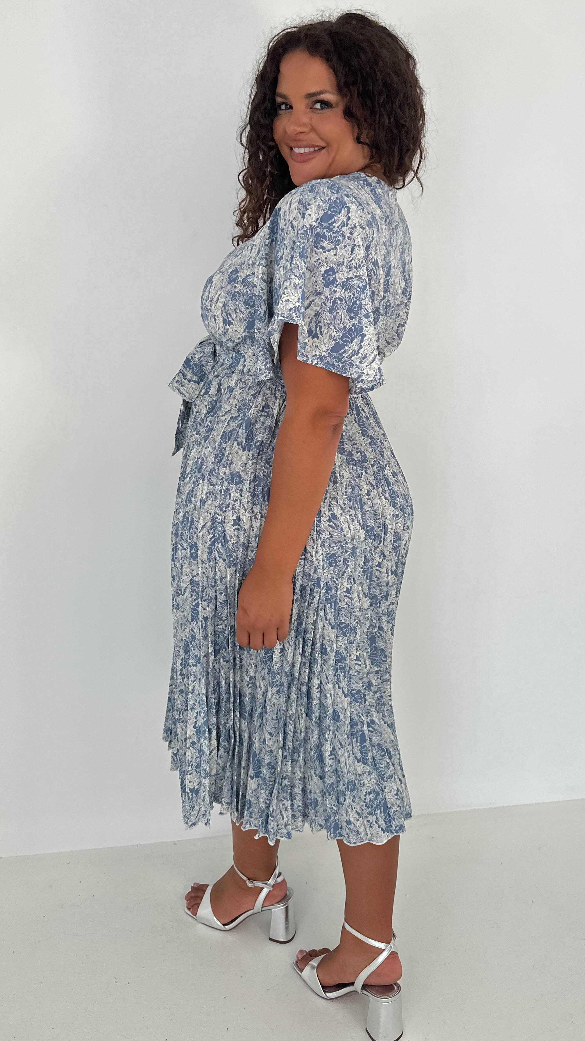 CurveWow Wrap Angel Sleeve Pleated Midi Dress Blue - Image 8