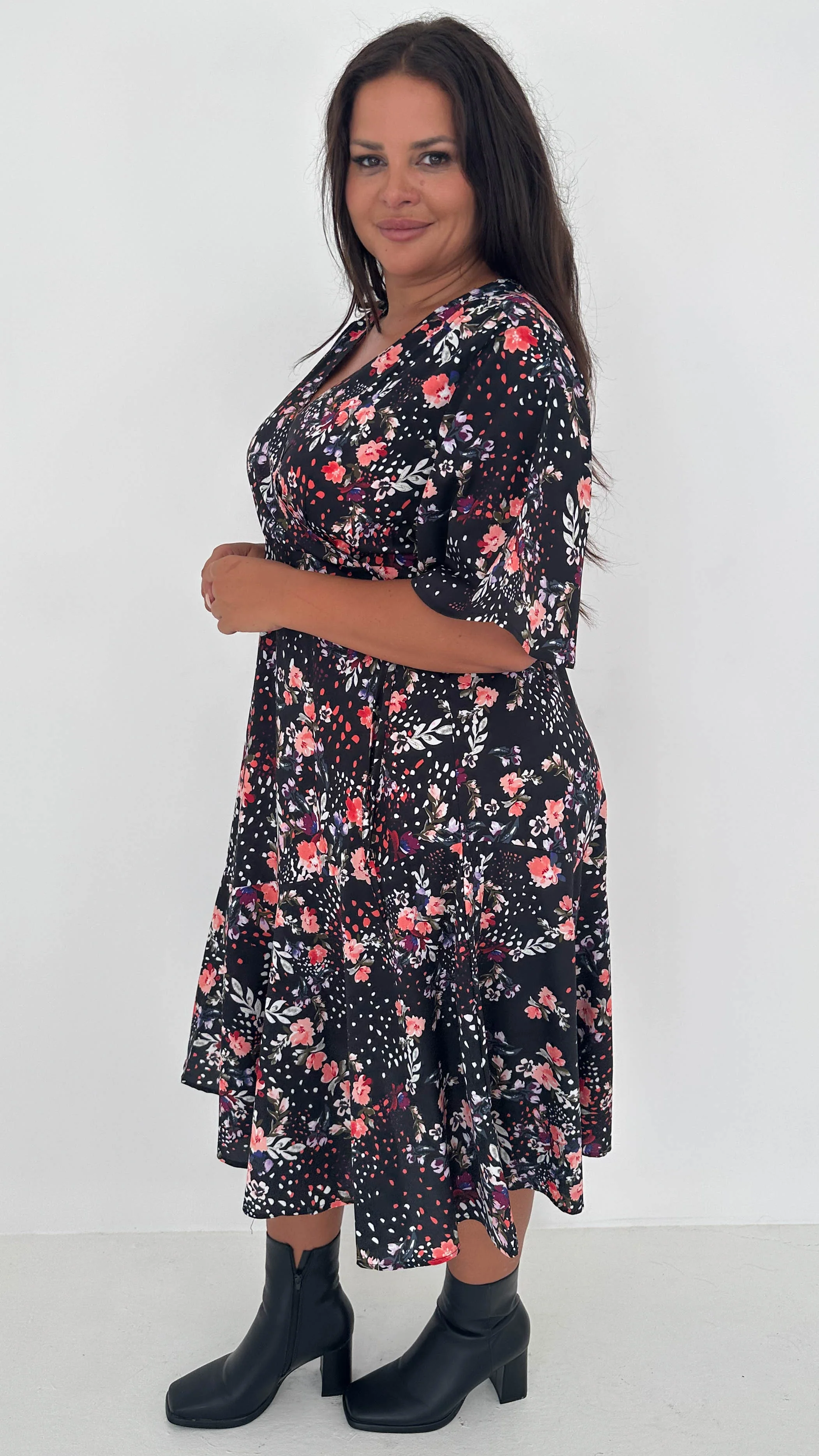CurveWow Wrap Angel Sleeve Trapeze Midi Dress Floral Spot - Image 7