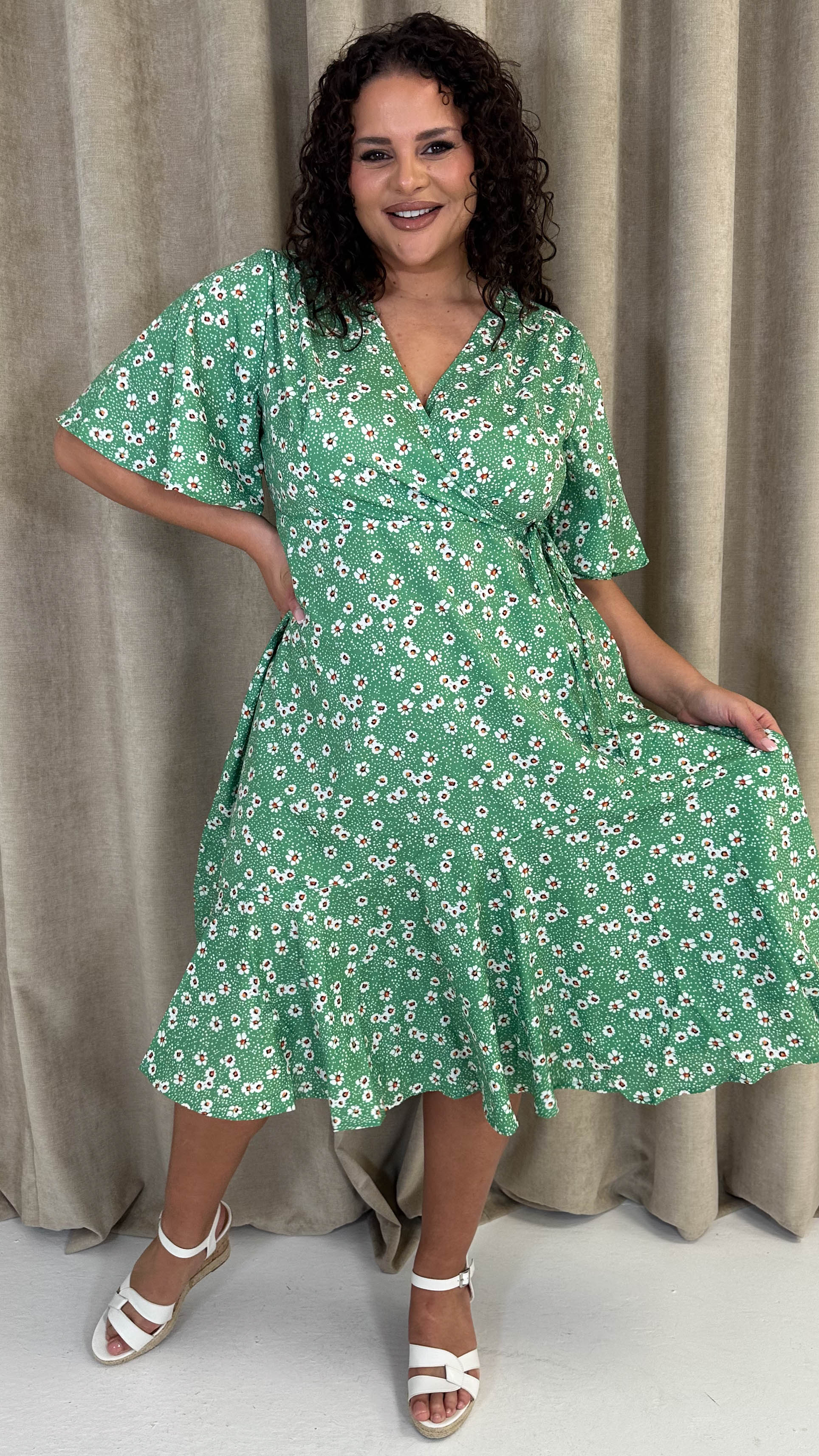 CurveWow Wrap Angel Sleeve Trapeze Midi Dress Green Ditsy