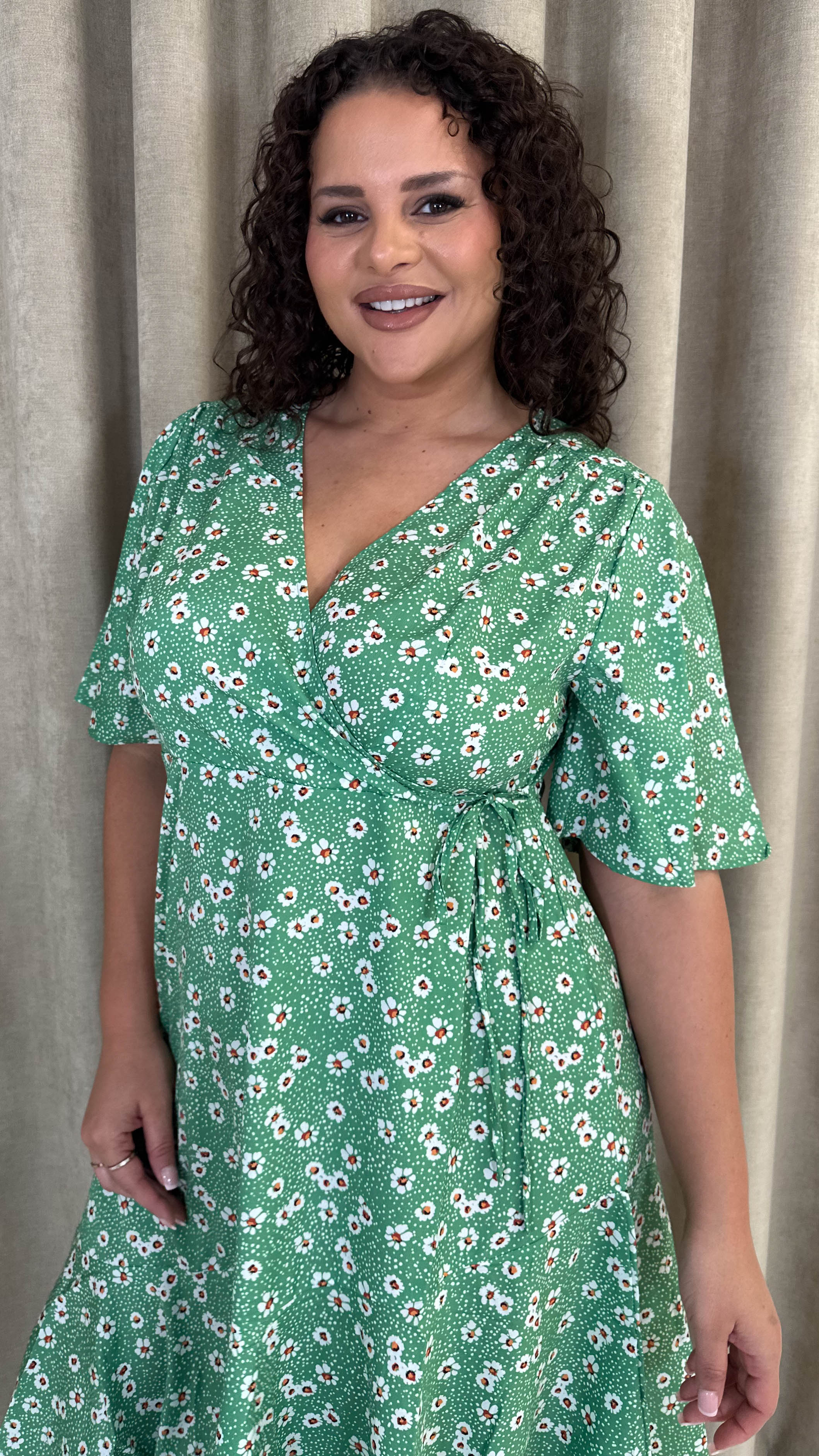 CurveWow Wrap Angel Sleeve Trapeze Midi Dress Green Ditsy - Image 2