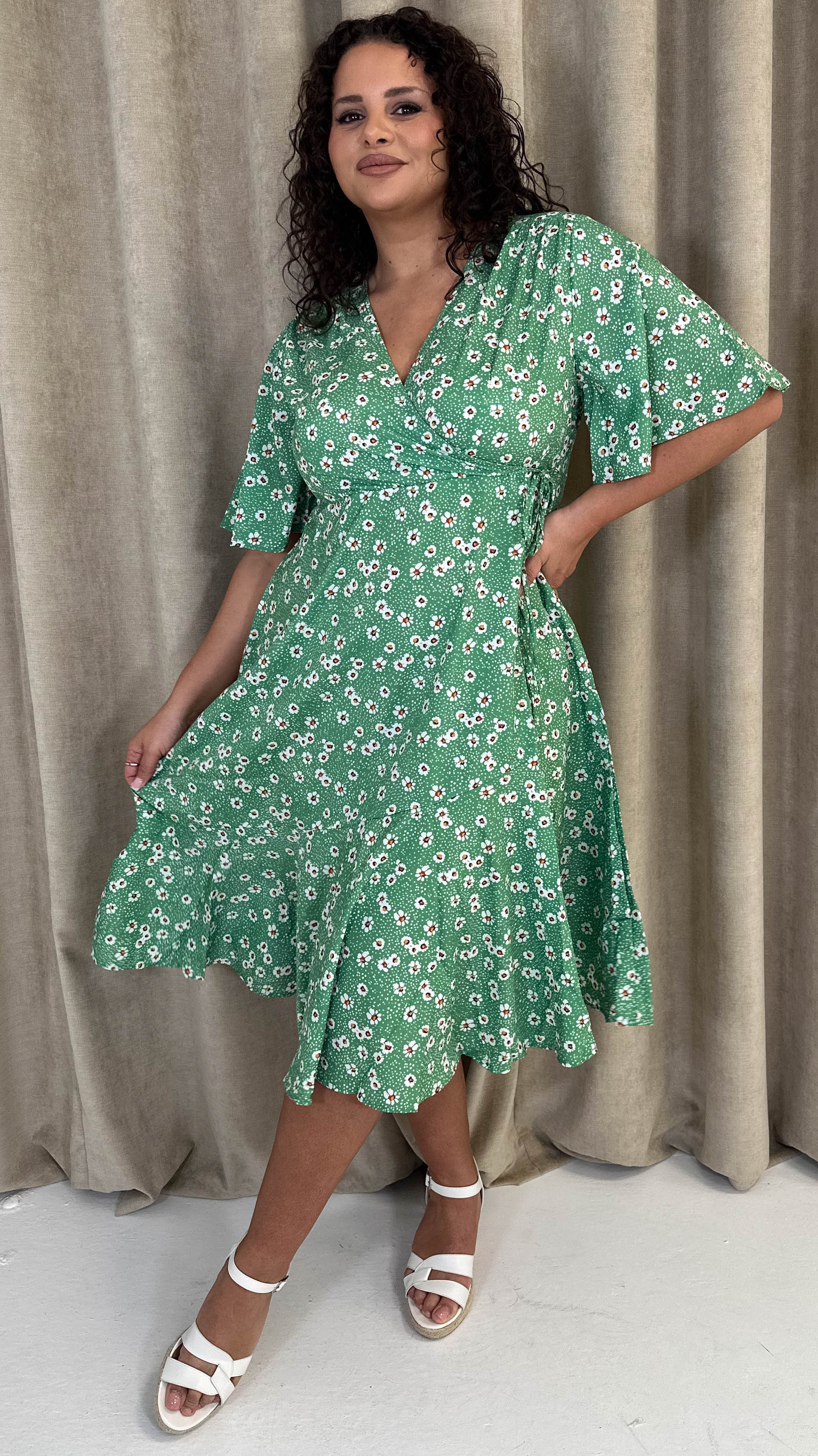 CurveWow Wrap Angel Sleeve Trapeze Midi Dress Green Ditsy - Image 6