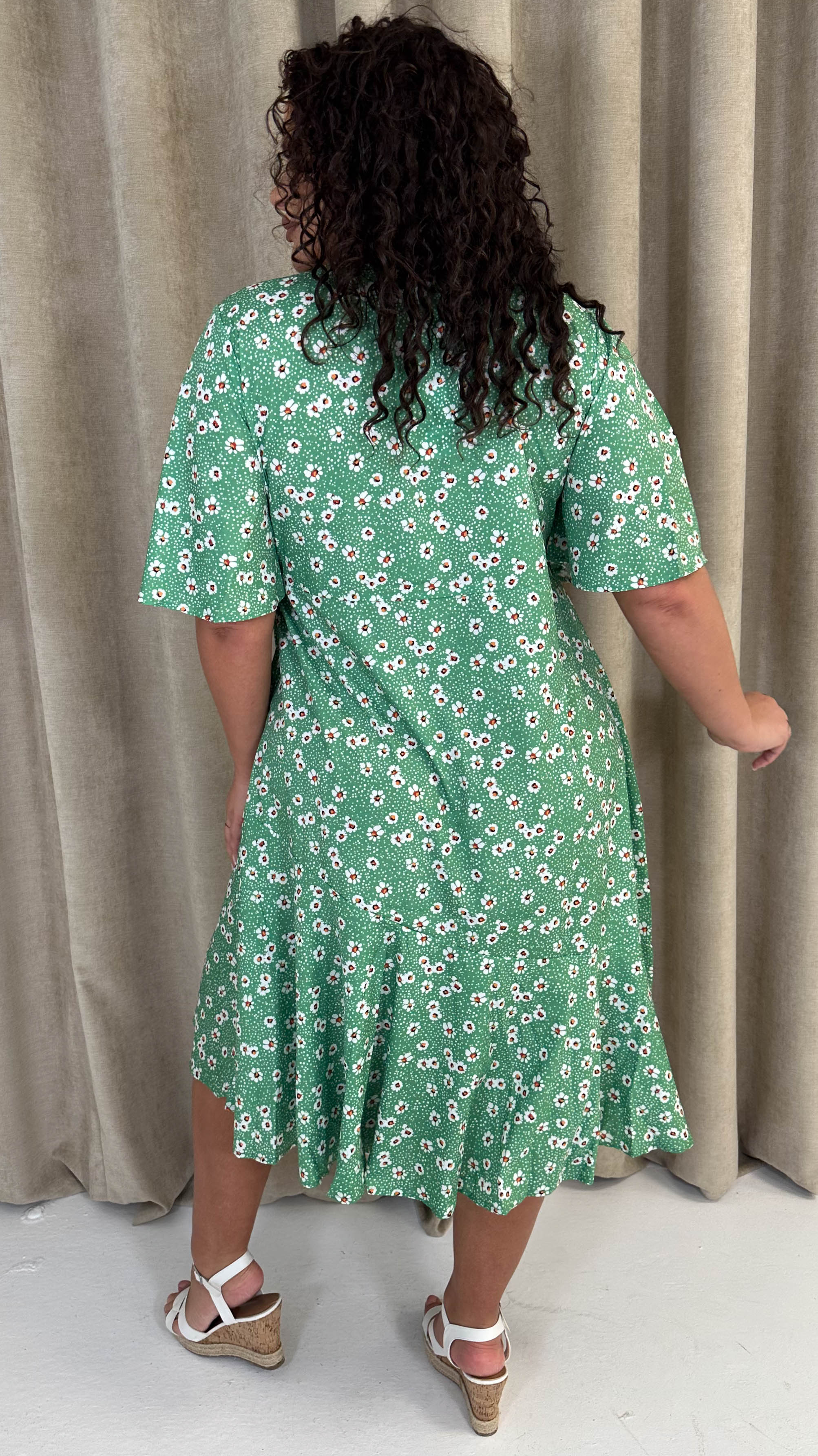 CurveWow Wrap Angel Sleeve Trapeze Midi Dress Green Ditsy - Image 7