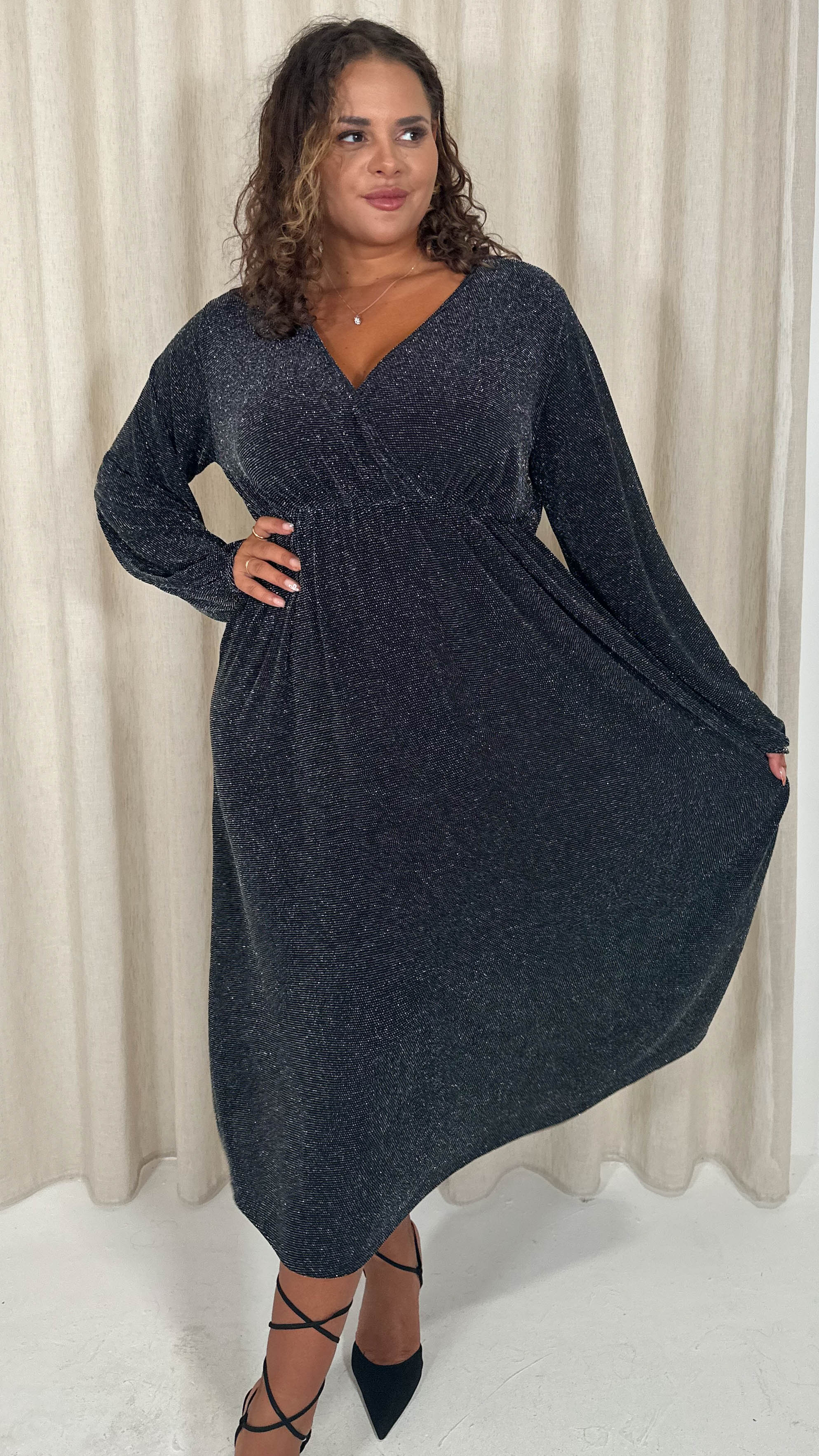 CurveWow Wrap Balloon Sleeve Midaxi Dress Black Silver - Image 10