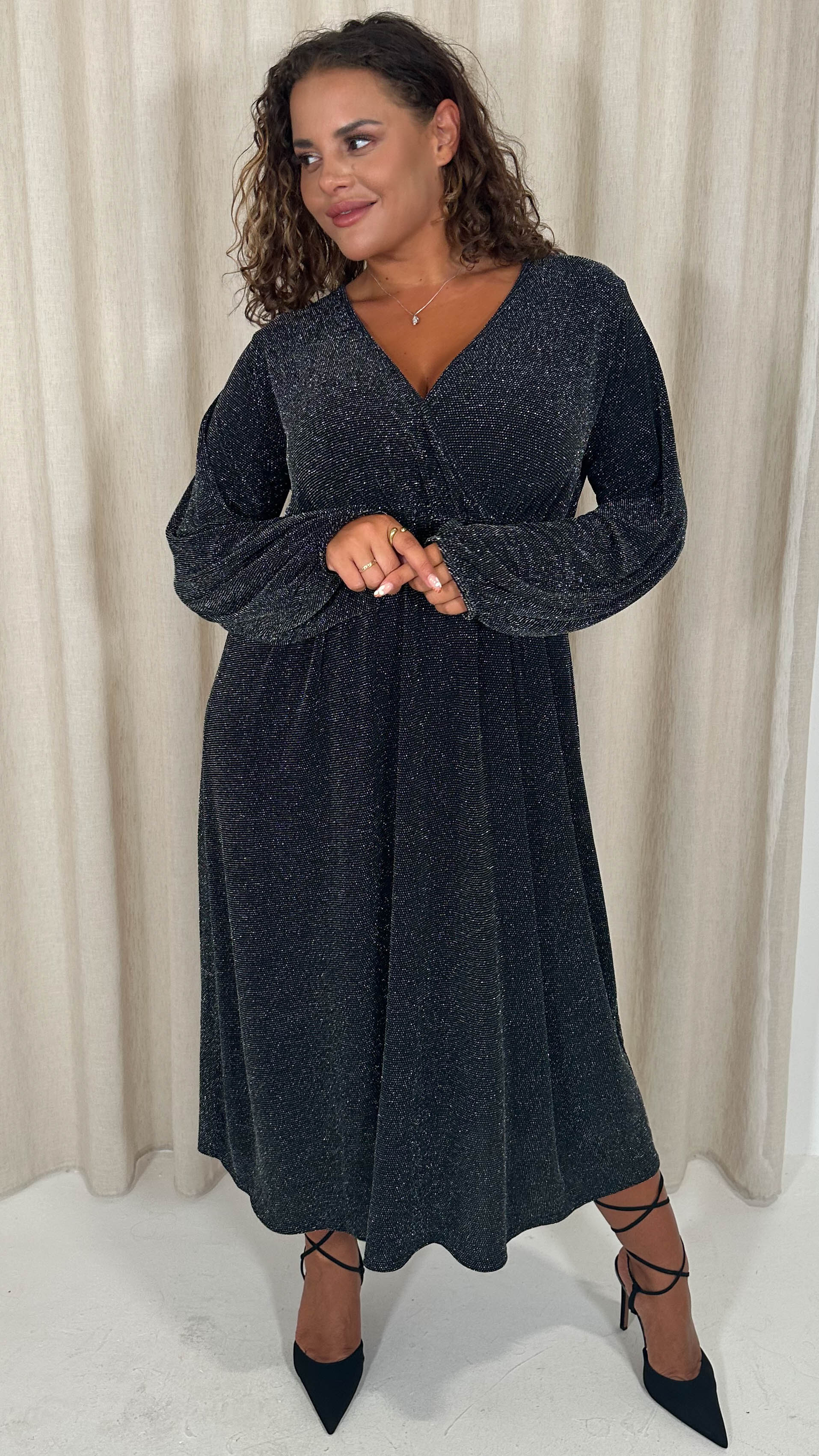 CurveWow Wrap Balloon Sleeve Midaxi Dress Black Silver - Image 5
