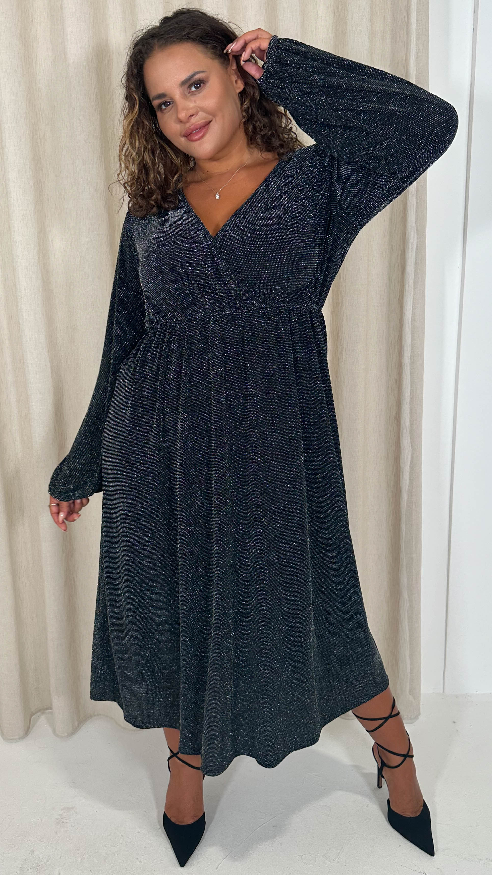 CurveWow Wrap Balloon Sleeve Midaxi Dress Black Silver - Image 7