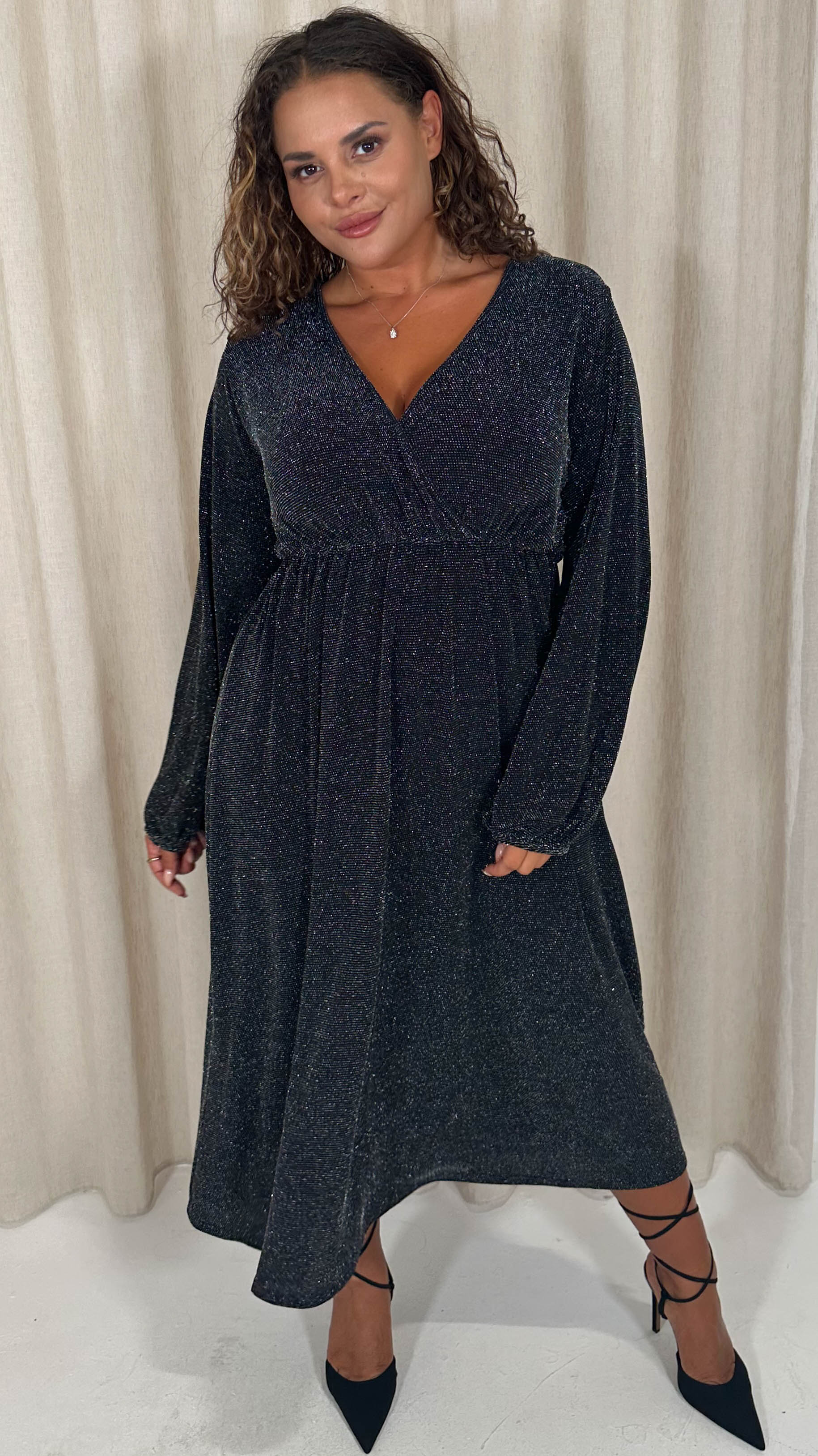 CurveWow Wrap Balloon Sleeve Midaxi Dress Black Silver - Image 8
