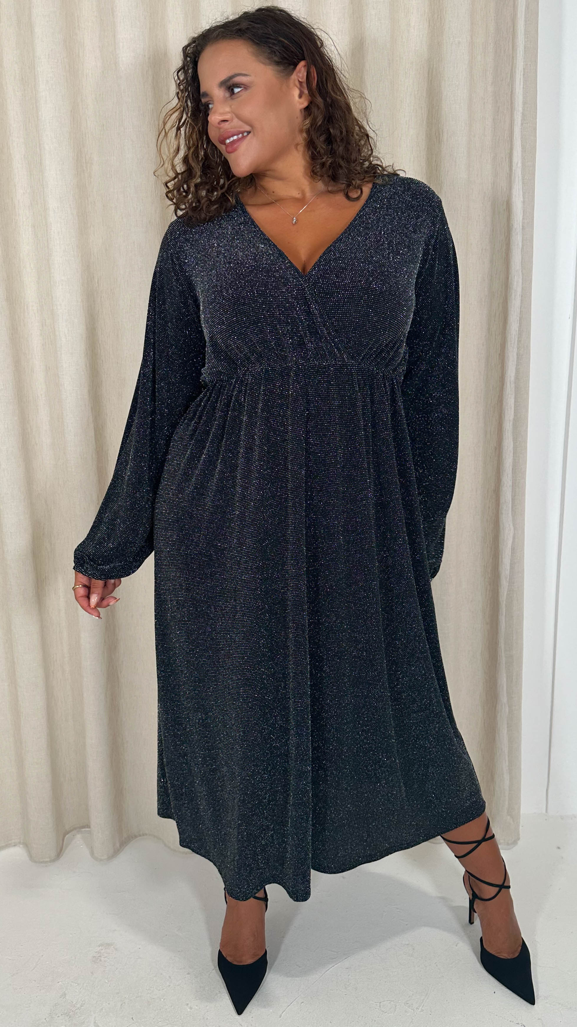 CurveWow Wrap Balloon Sleeve Midaxi Dress Black Silver - Image 9