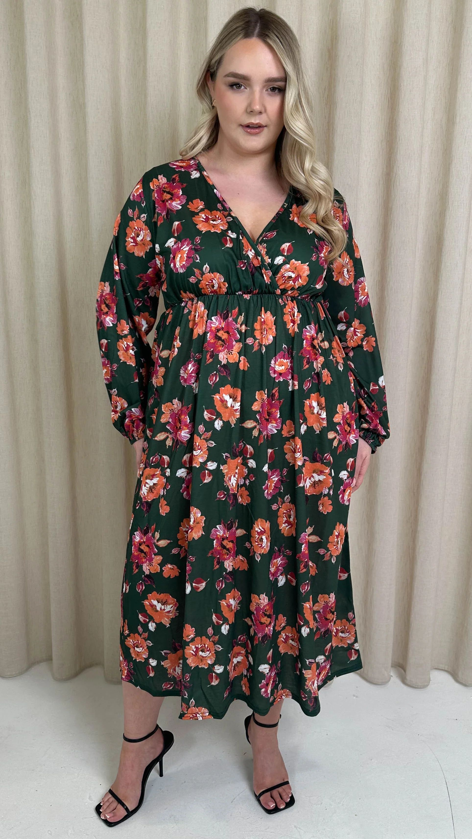 CurveWow Wrap Balloon Sleeve Midaxi Dress Green - Image 6