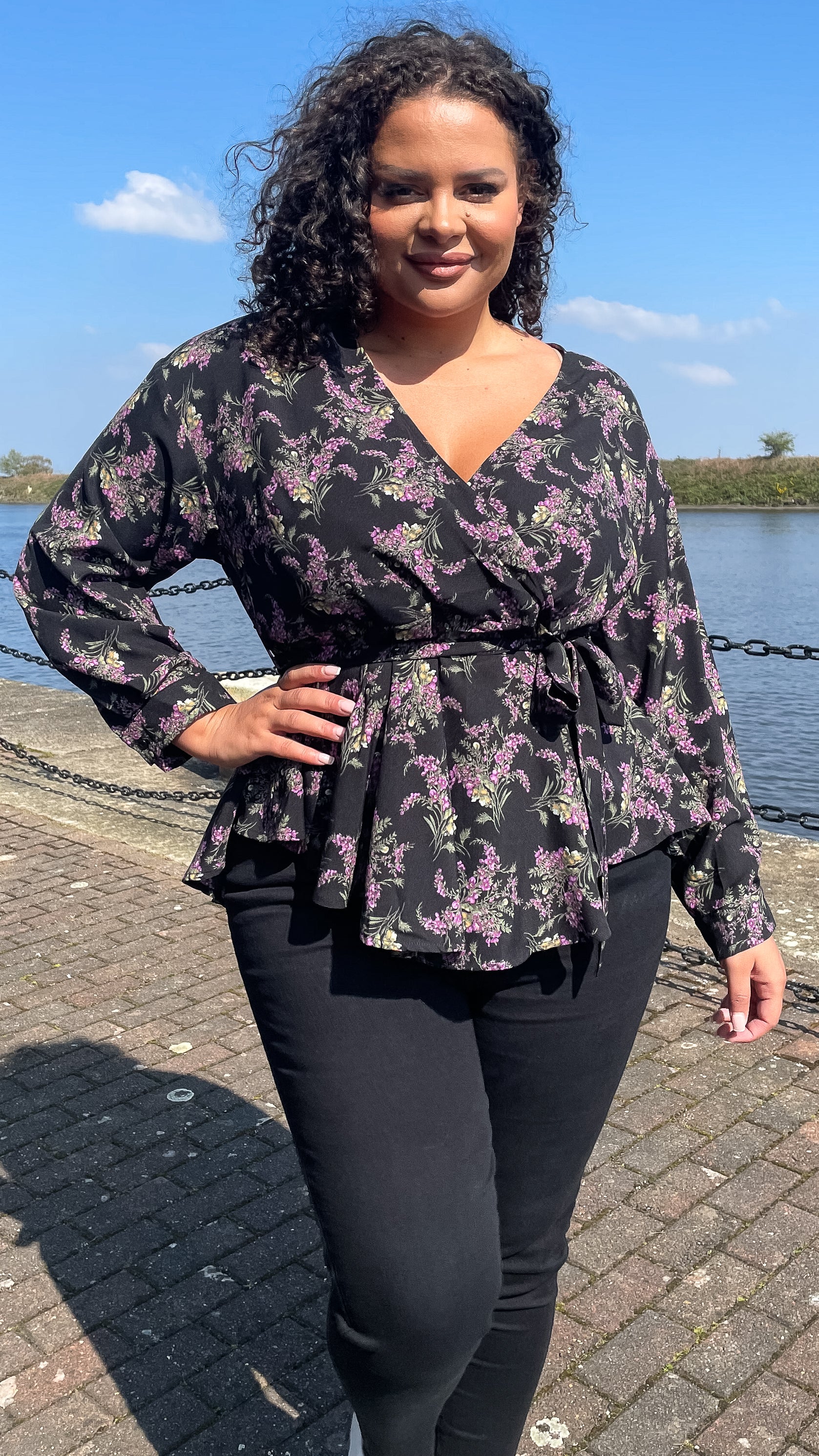 CurveWow Wrap Blouse Black Floral - Image 5