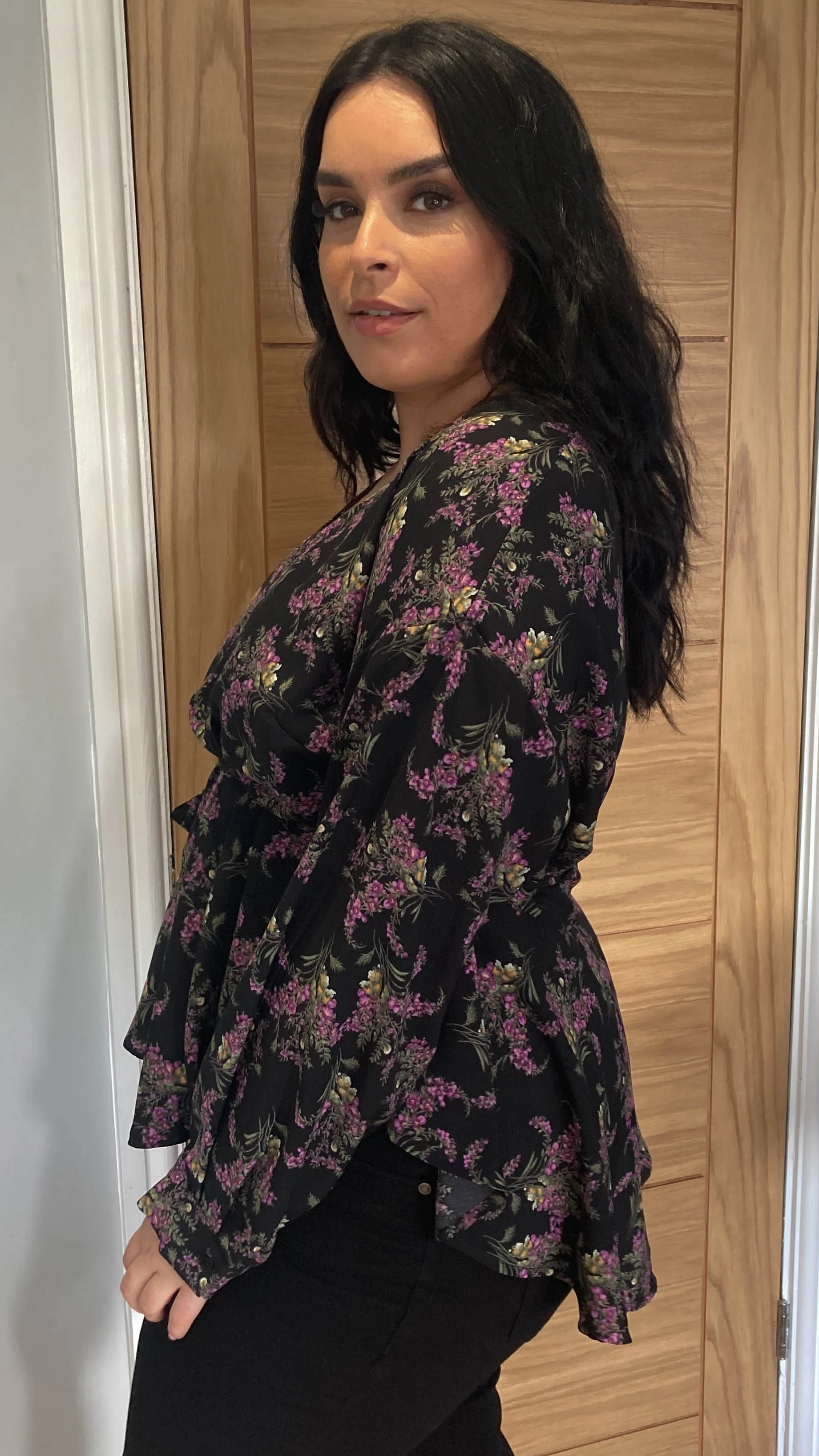 CurveWow Wrap Blouse Black Floral - Image 8