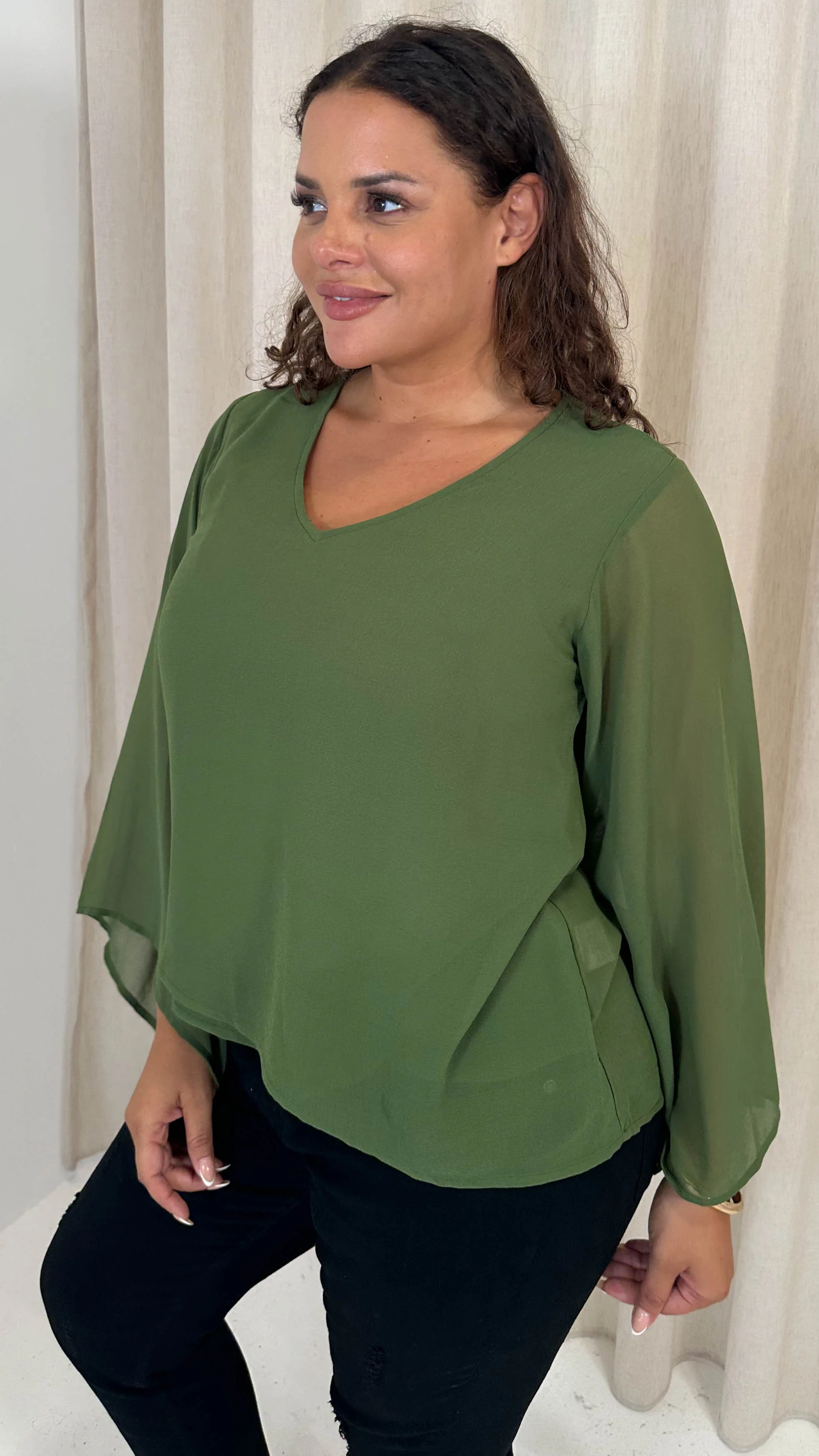 CurveWow V Neck Blouse Khaki - Image 4