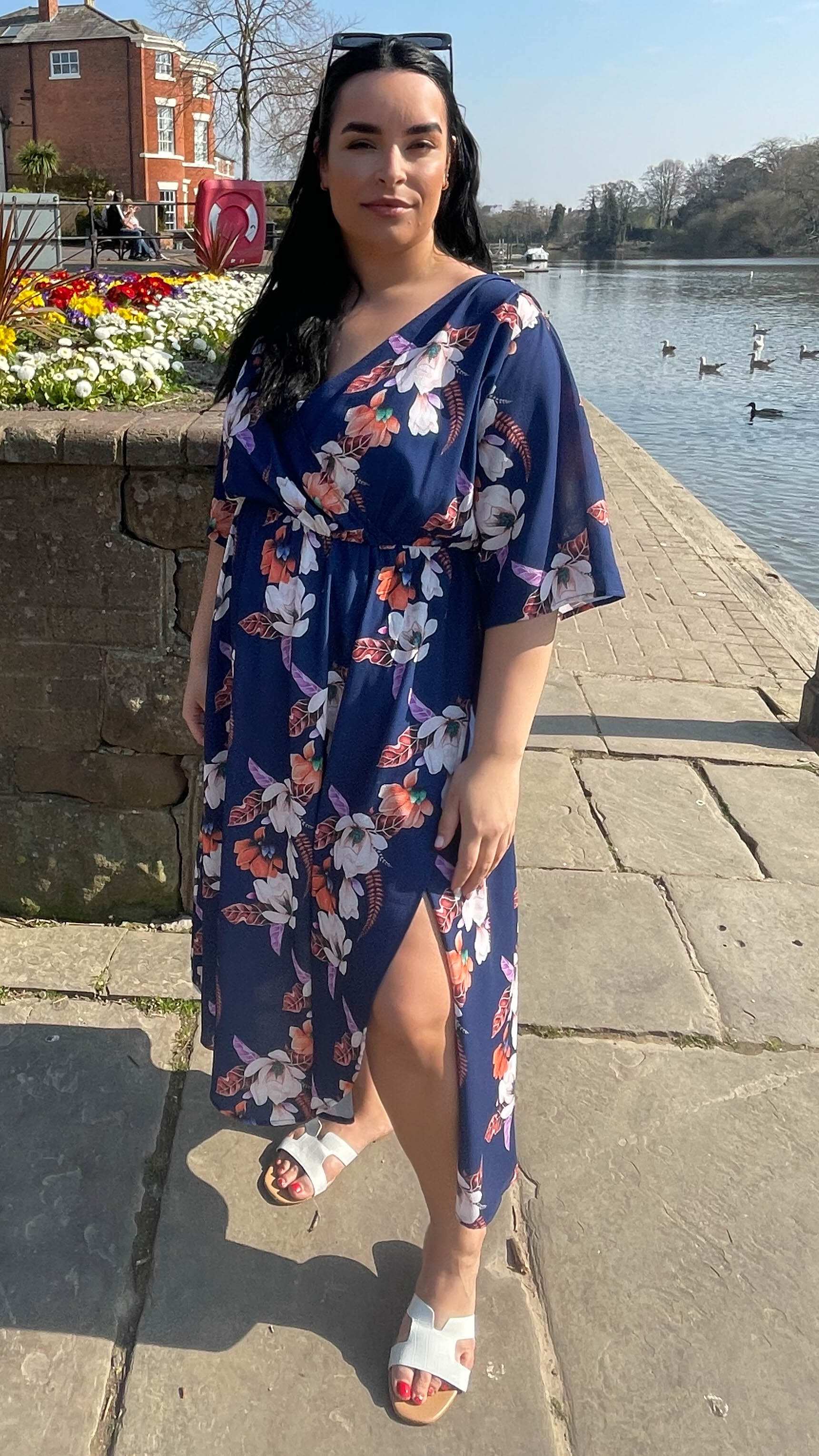 CurveWow Navy Floral Midi Wrap Dress