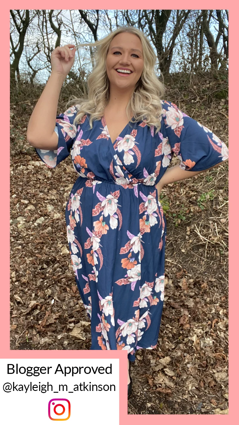 CurveWow Navy Floral Midi Wrap Dress - Image 2