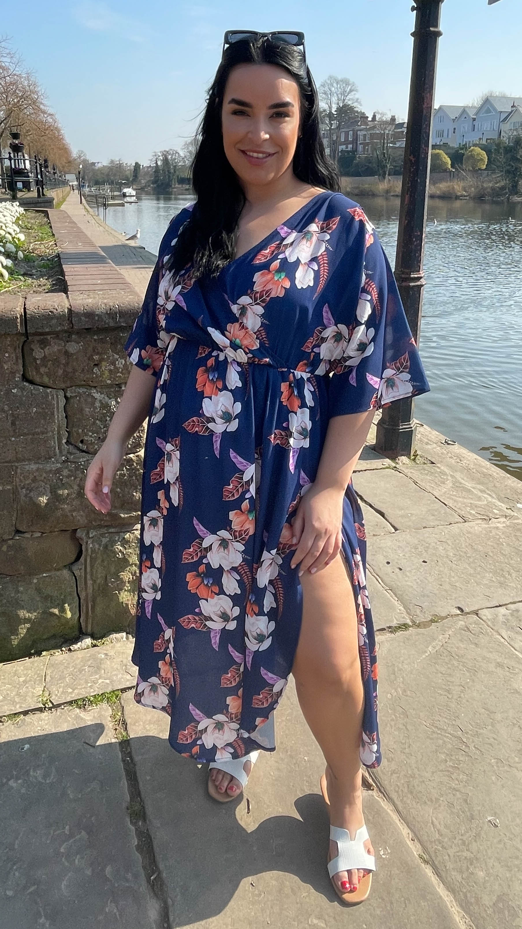 CurveWow Navy Floral Midi Wrap Dress - Image 4