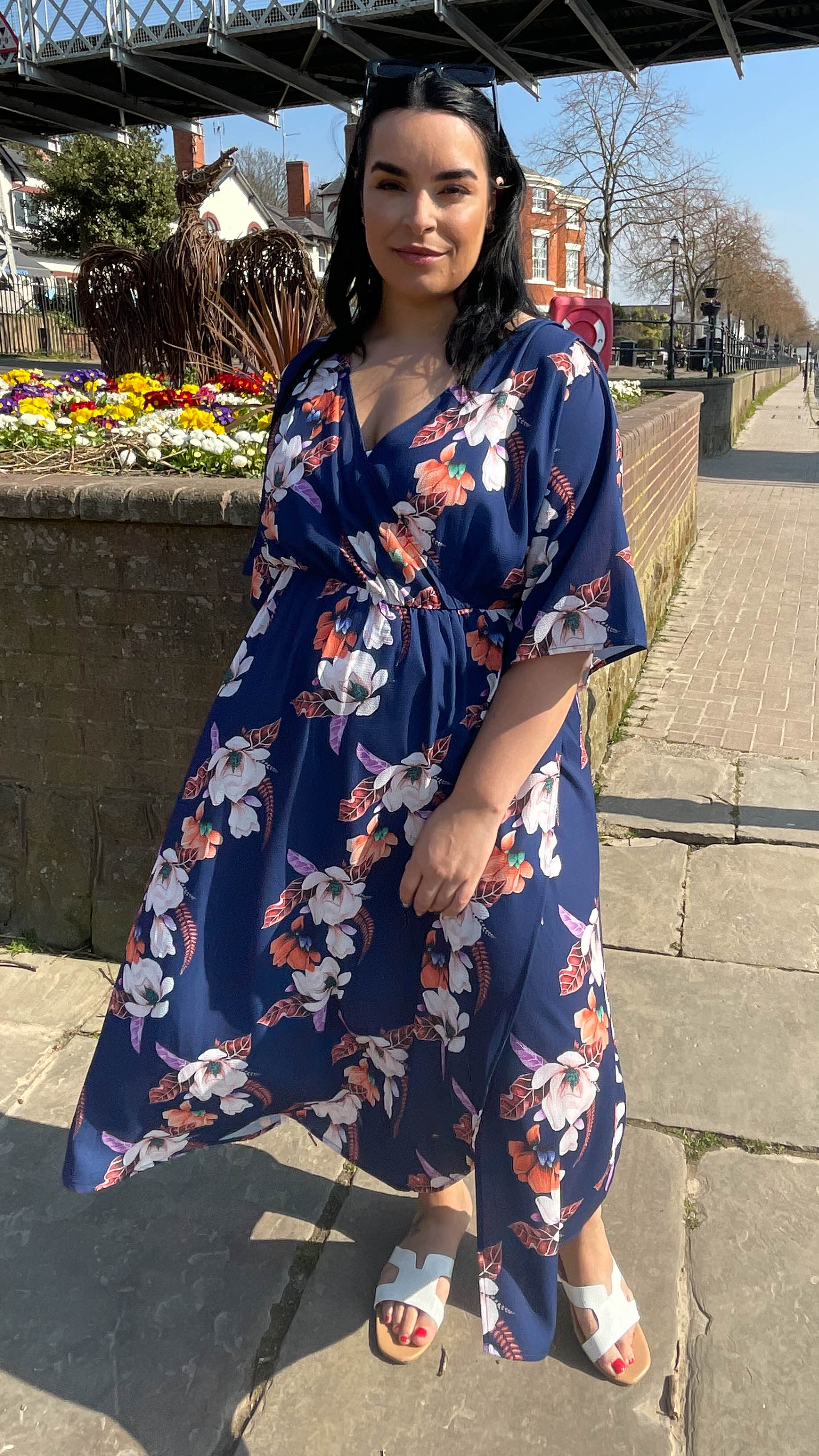 CurveWow Navy Floral Midi Wrap Dress - Image 5