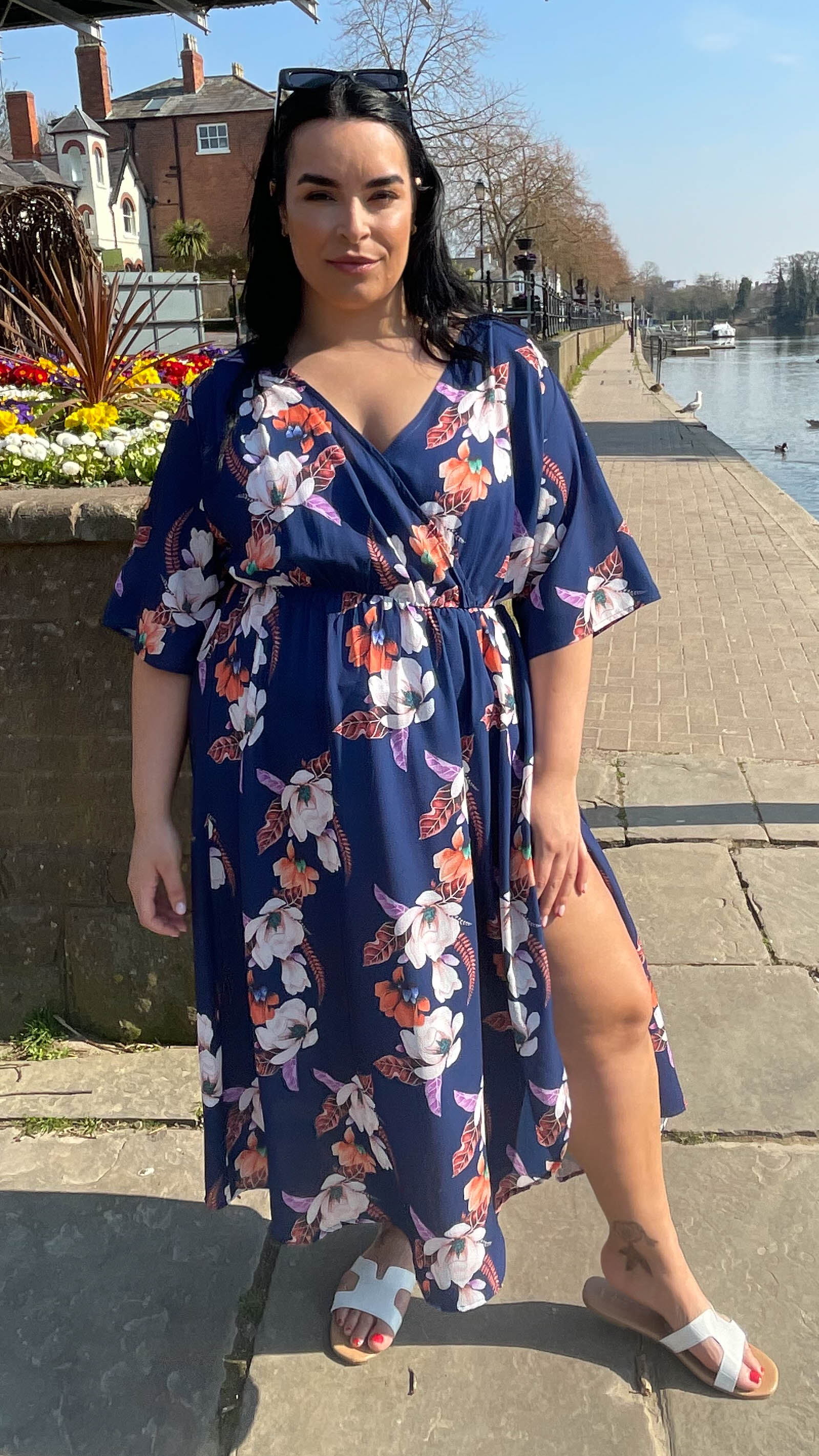 CurveWow Navy Floral Midi Wrap Dress - Image 6