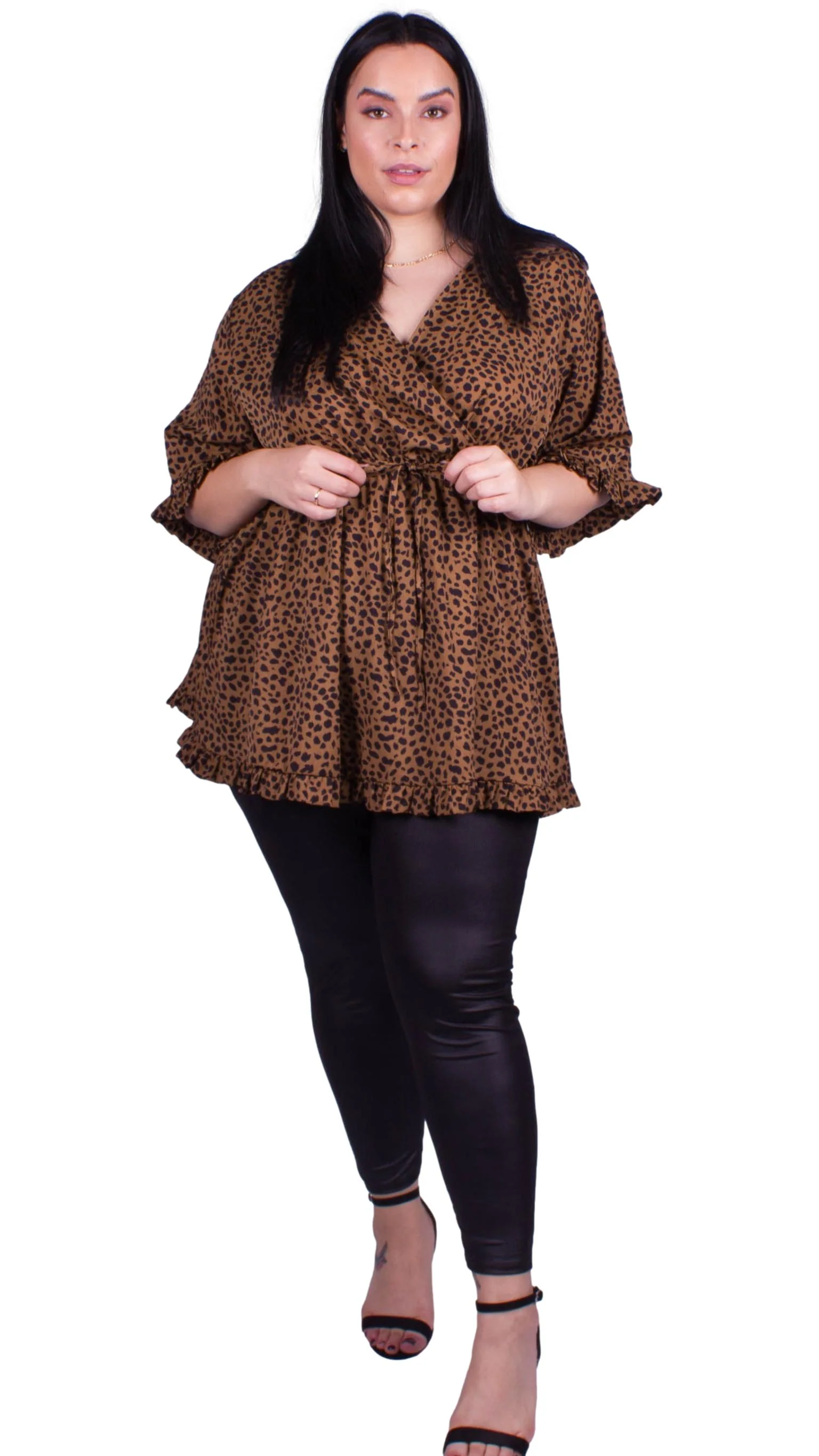 CurveWow Wrap Frill Sleeve Tunic Camel Spot - Image 5