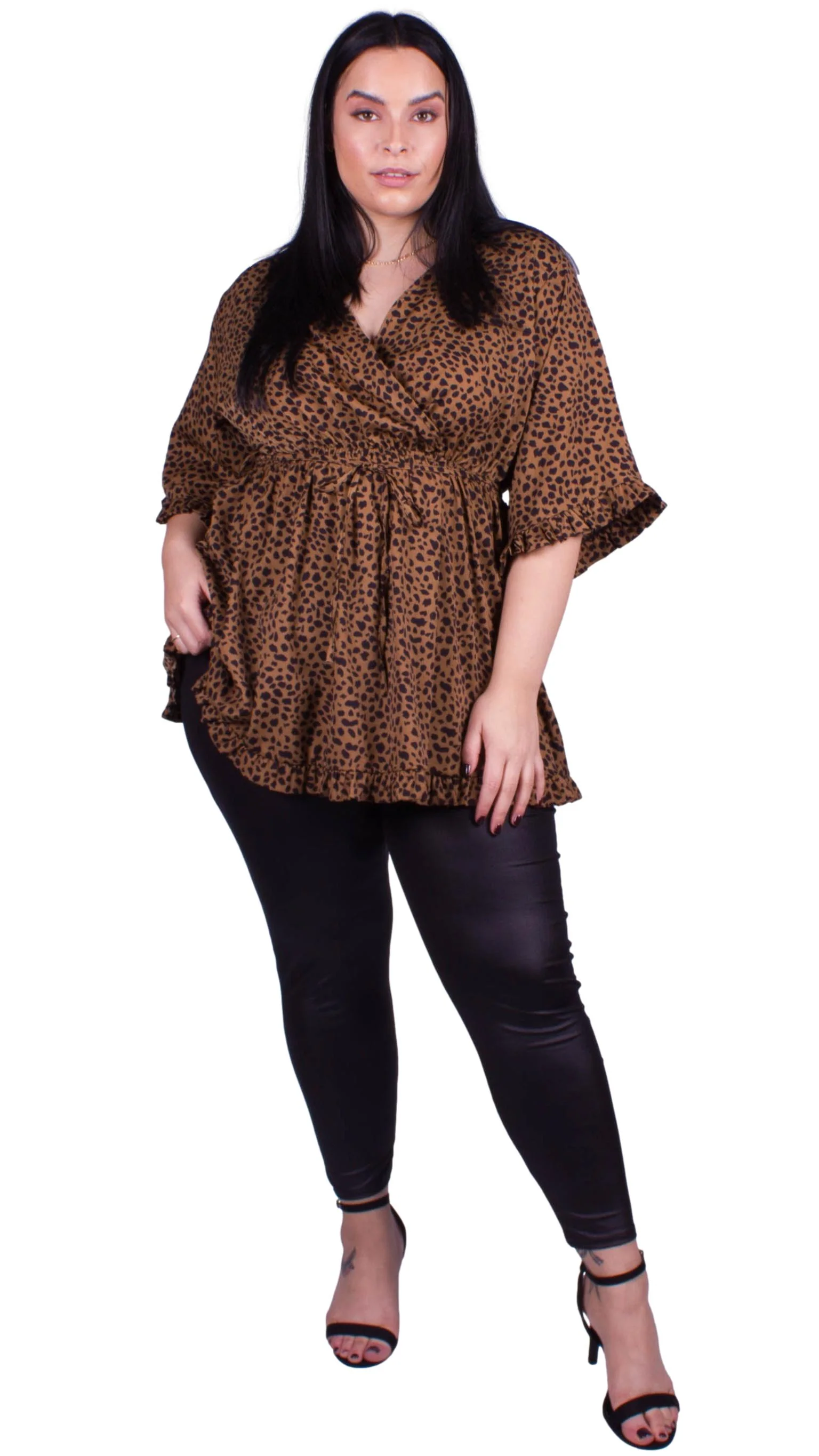 CurveWow Wrap Frill Sleeve Tunic Camel Spot - Image 6
