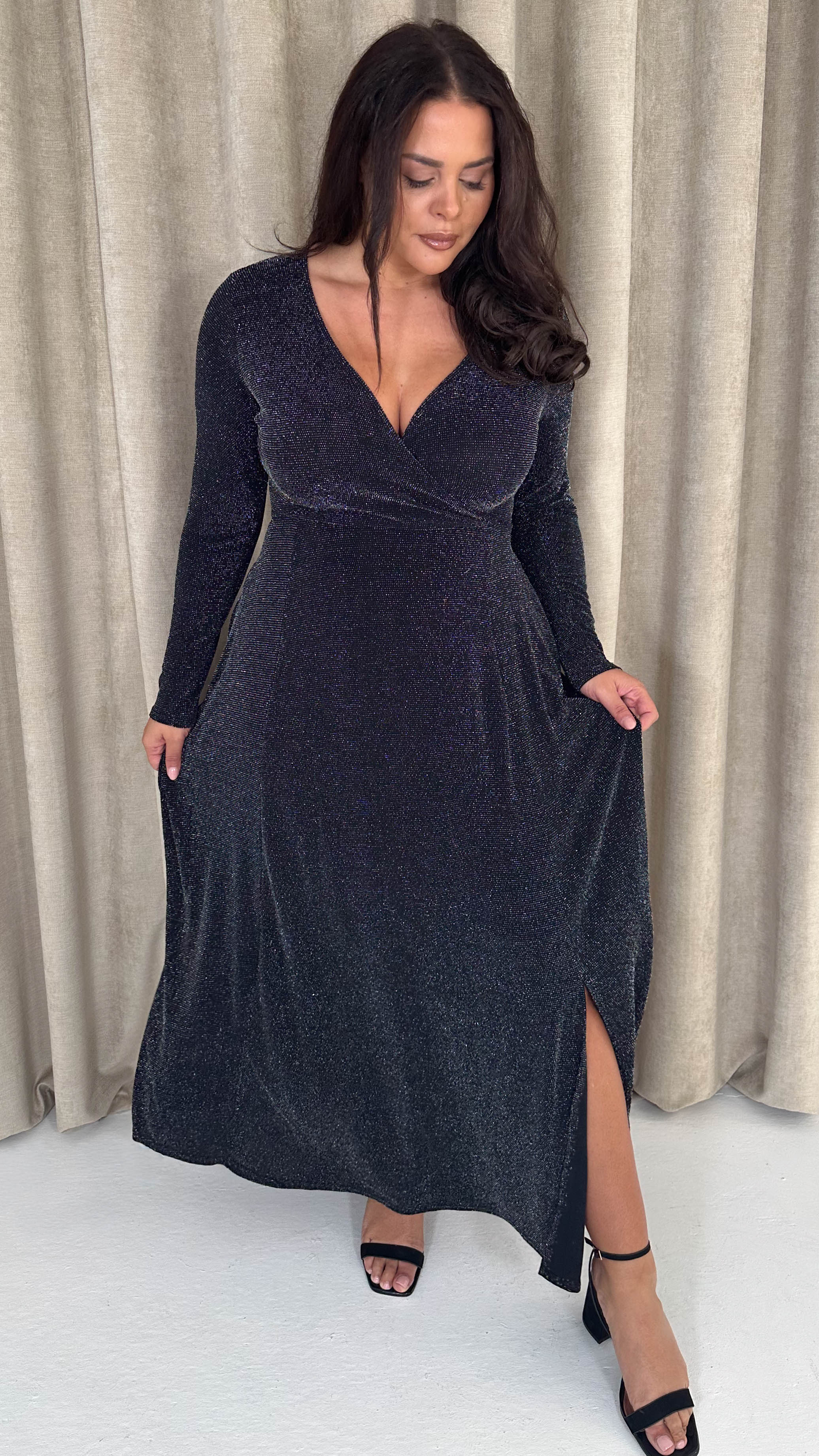 CurveWow Wrap Maxi Dress Black & Silver Sparkle - Image 4