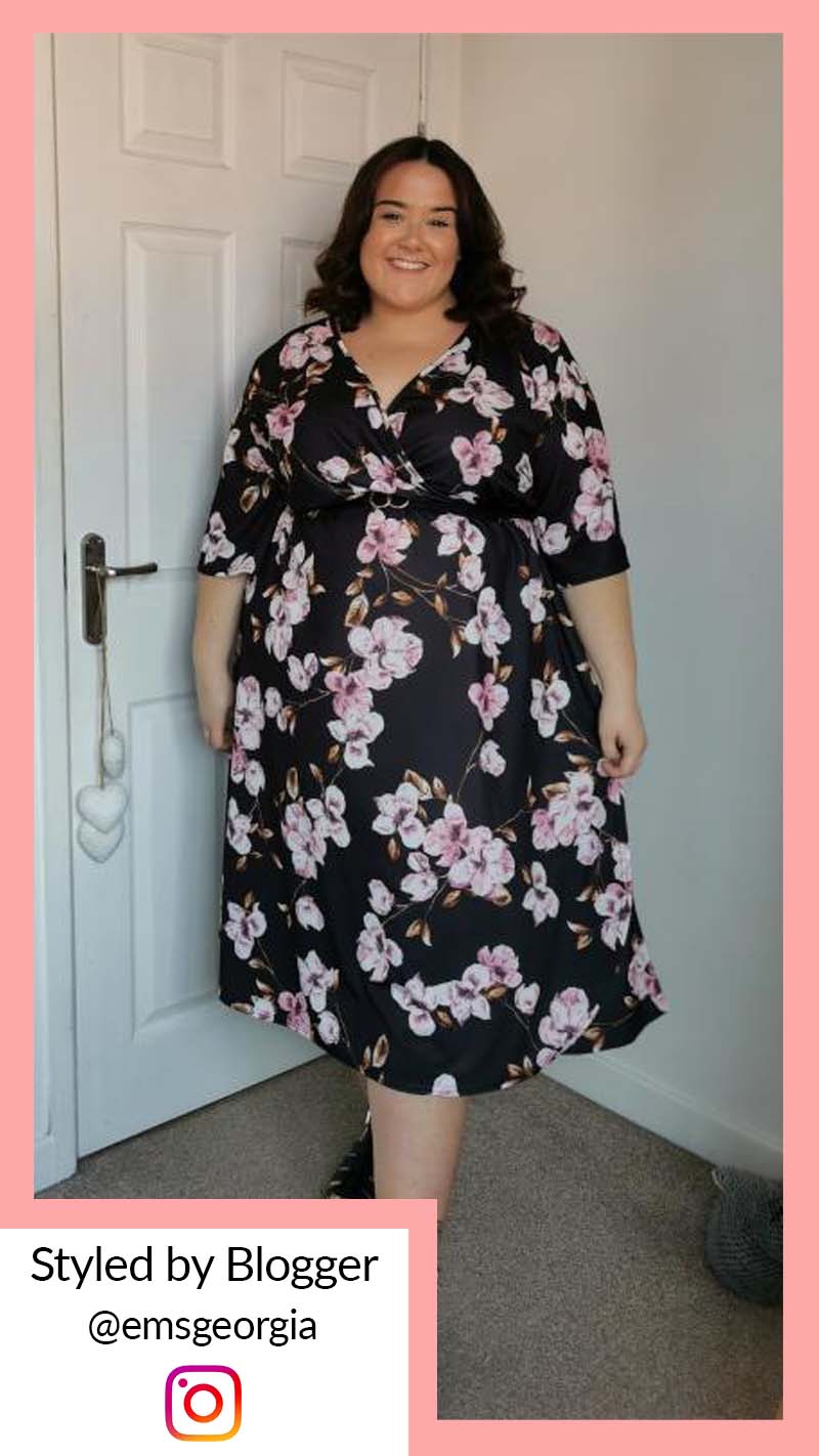 CurveWow Wrap Midi Dress Black Pink Floral - Image 2