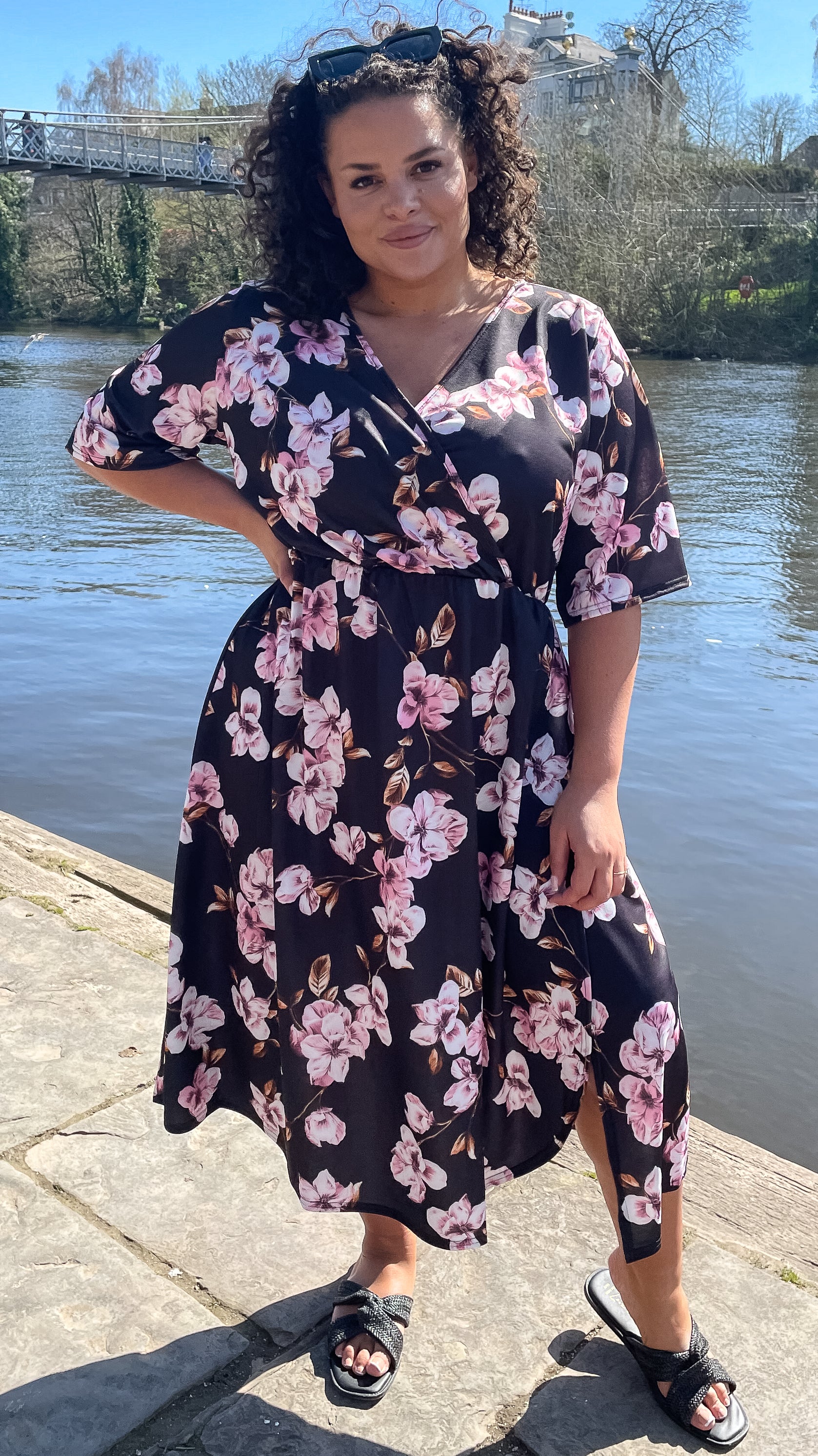 CurveWow Wrap Midi Dress Black Pink Floral - Image 3