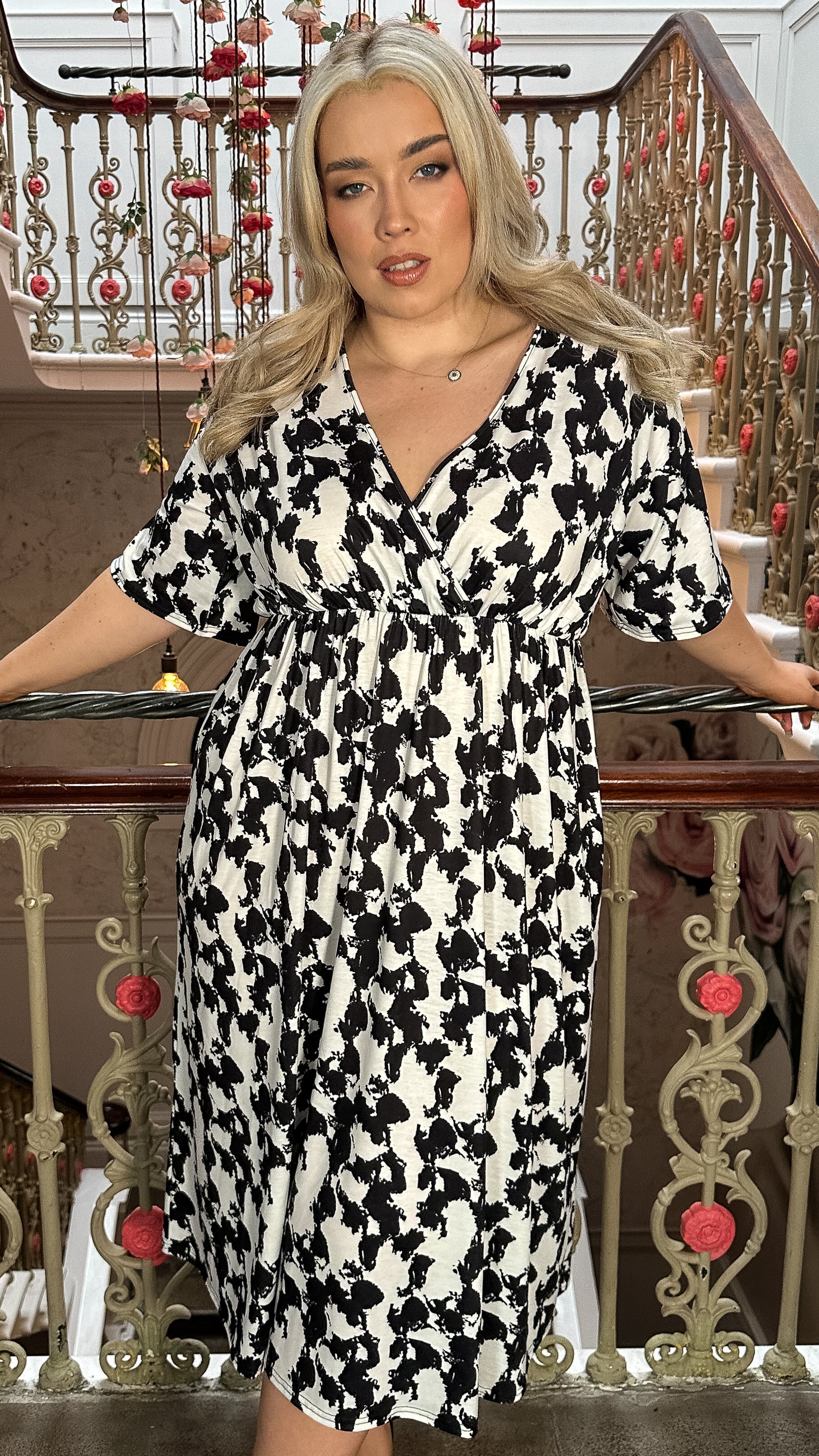 CurveWow Wrap Midi Dress Black White Abstract - Image 4