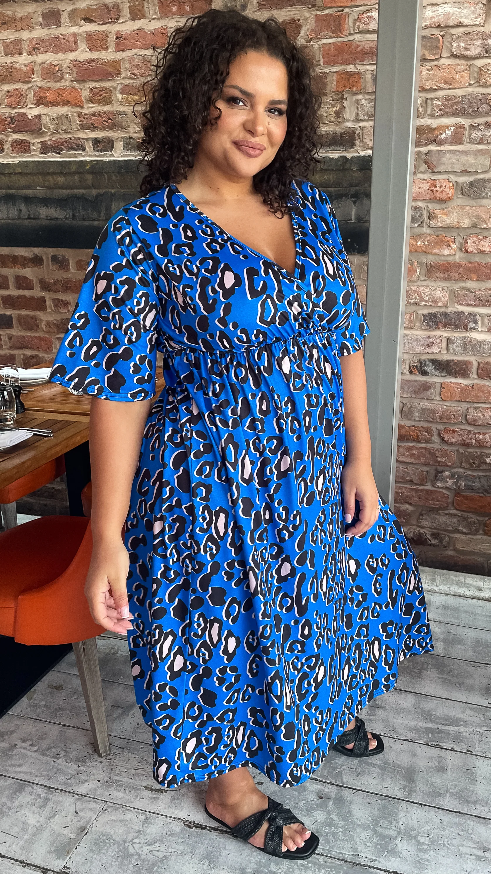 CurveWow Wrap Midi Dress Blue Leopard - Image 6