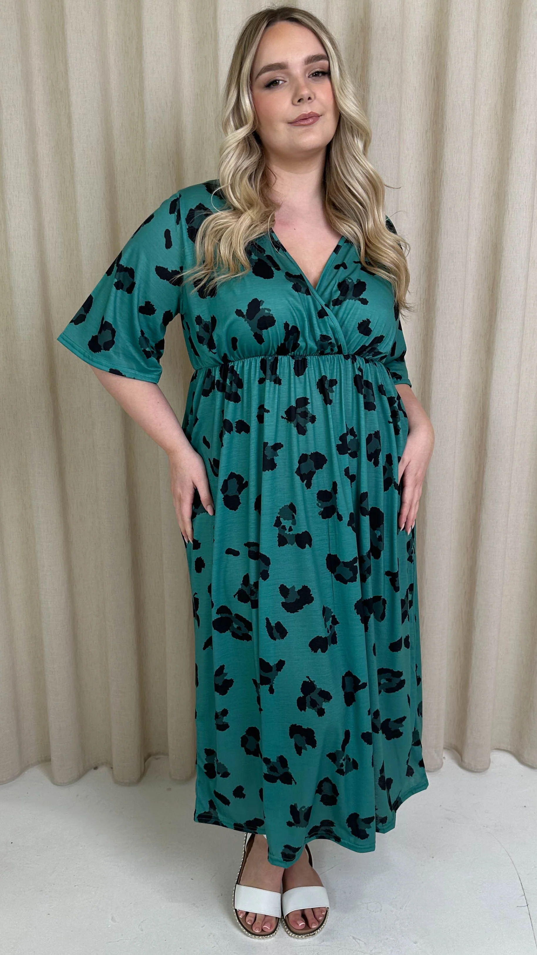 CurveWow Wrap Midi Dress Green Leopard - Image 3