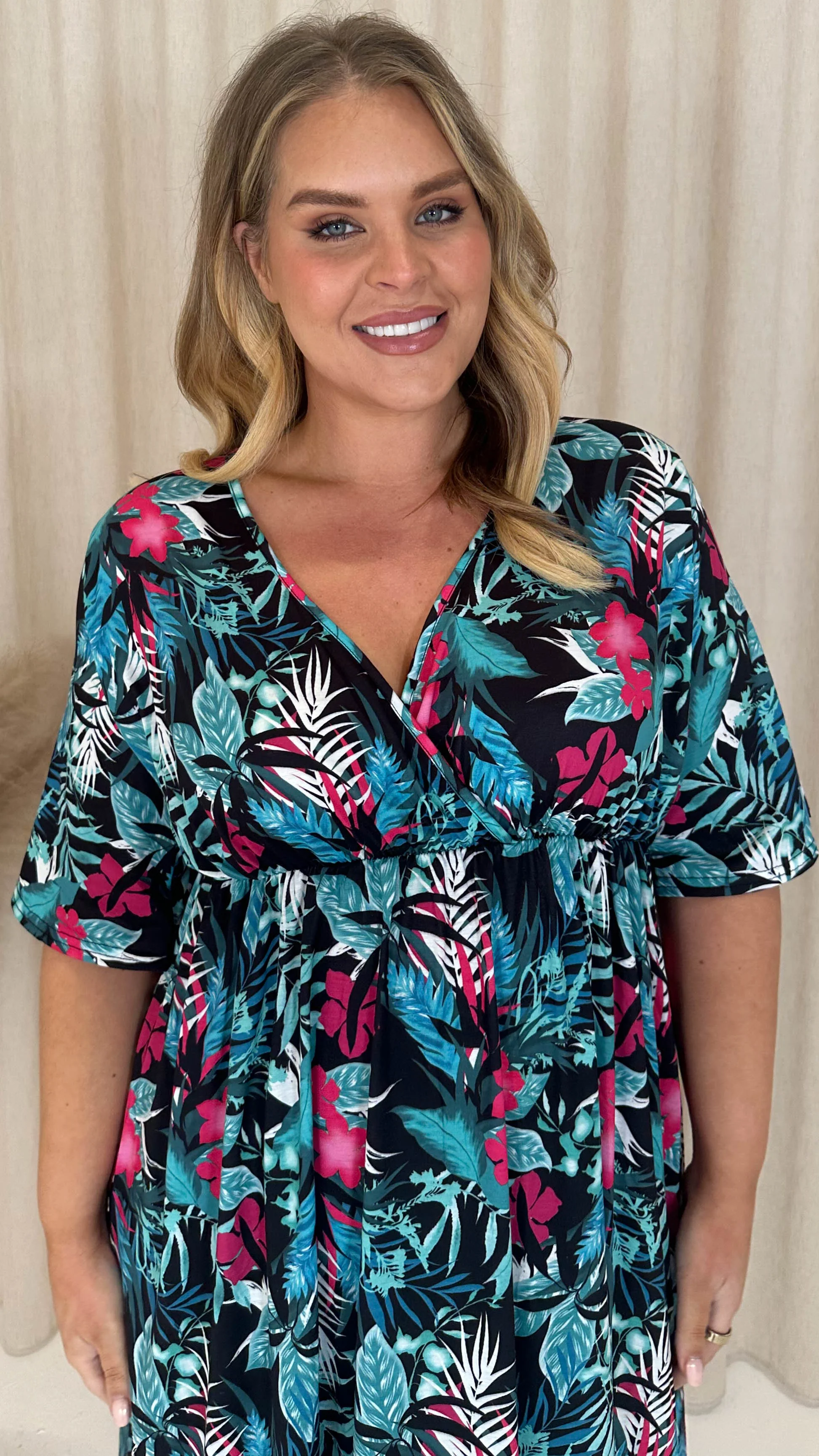 CurveWow Wrap Midi Dress Green Tropical - Image 2