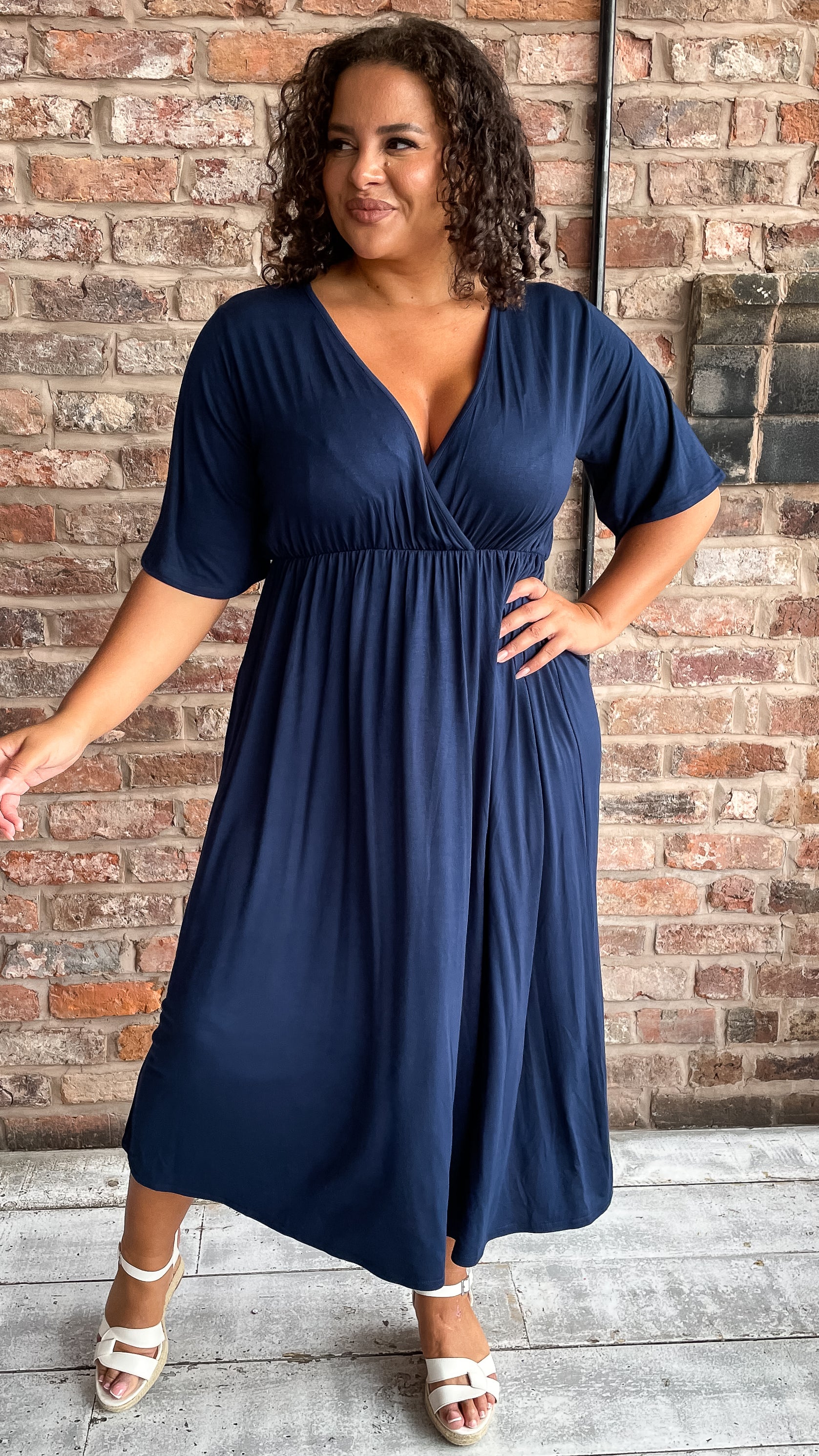 CurveWow Wrap Midi Dress Navy - Image 3
