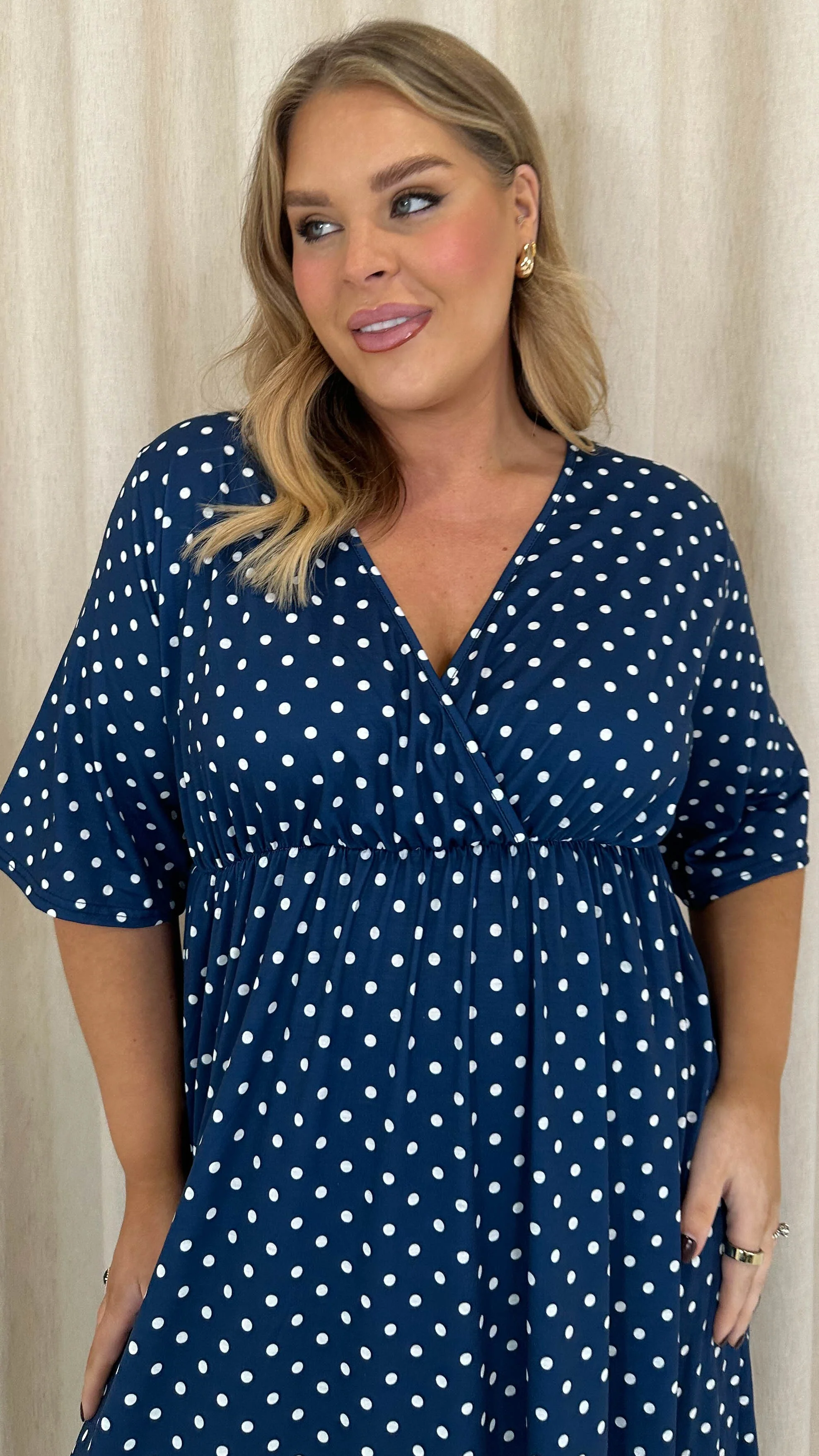 CurveWow Wrap Midi Dress Navy Spot - Image 2