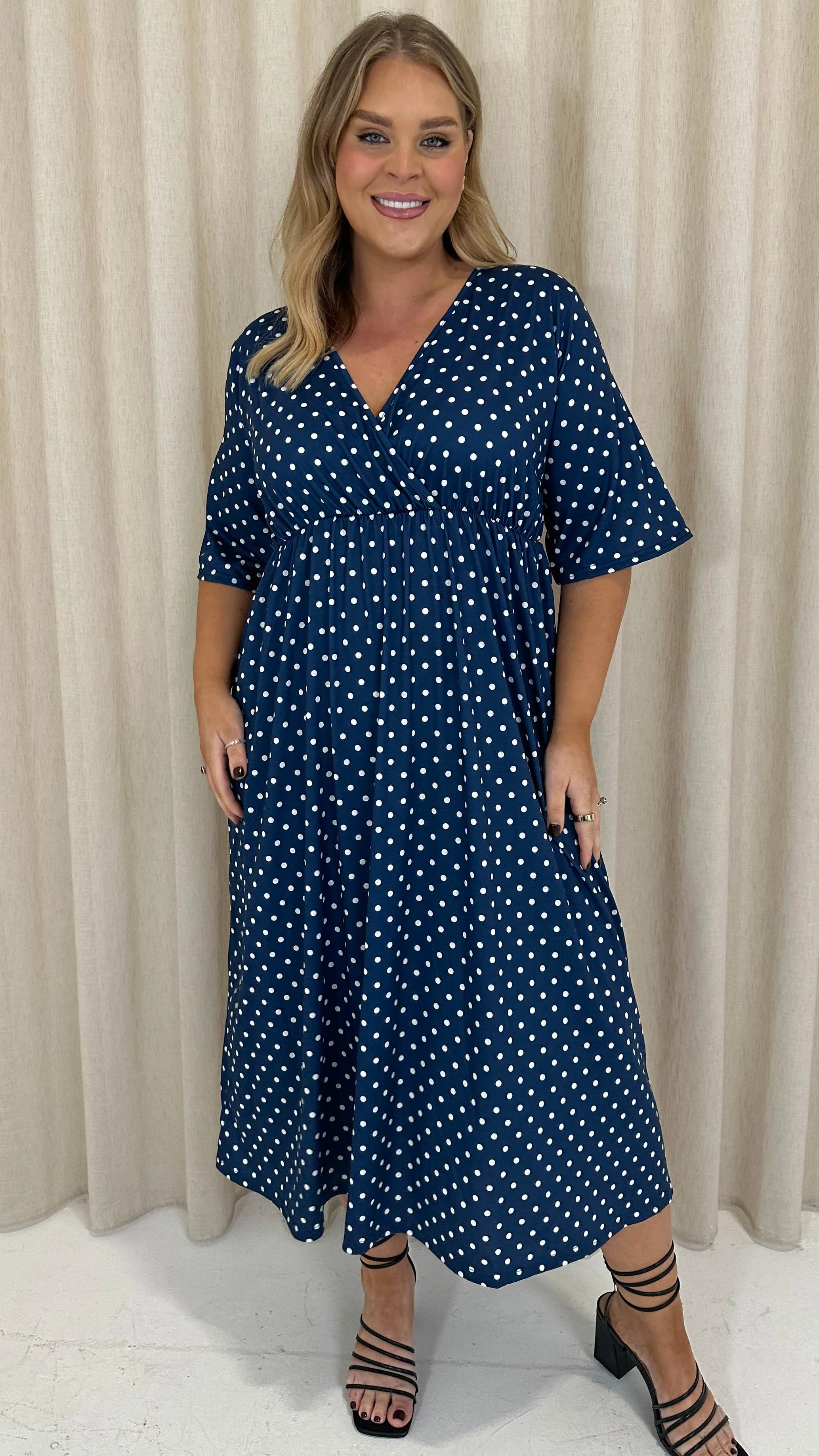 CurveWow Wrap Midi Dress Navy Spot - Image 5