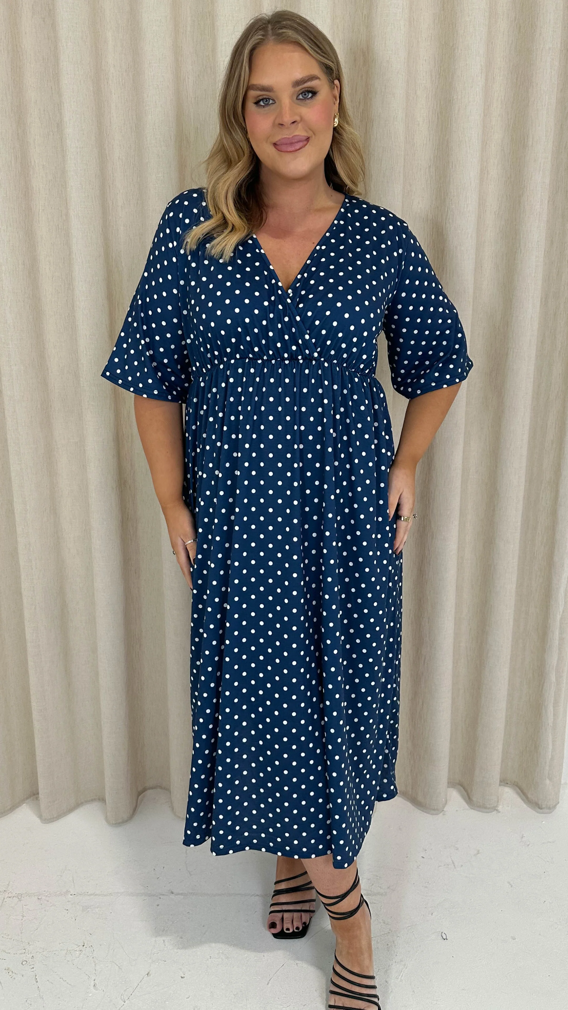 CurveWow Wrap Midi Dress Navy Spot - Image 6