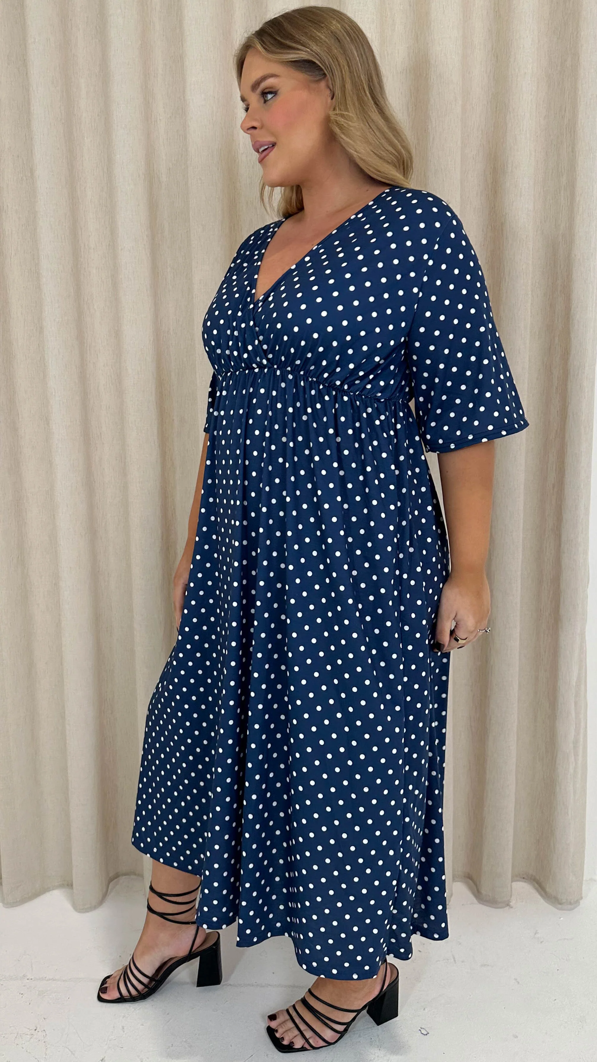 CurveWow Wrap Midi Dress Navy Spot - Image 7