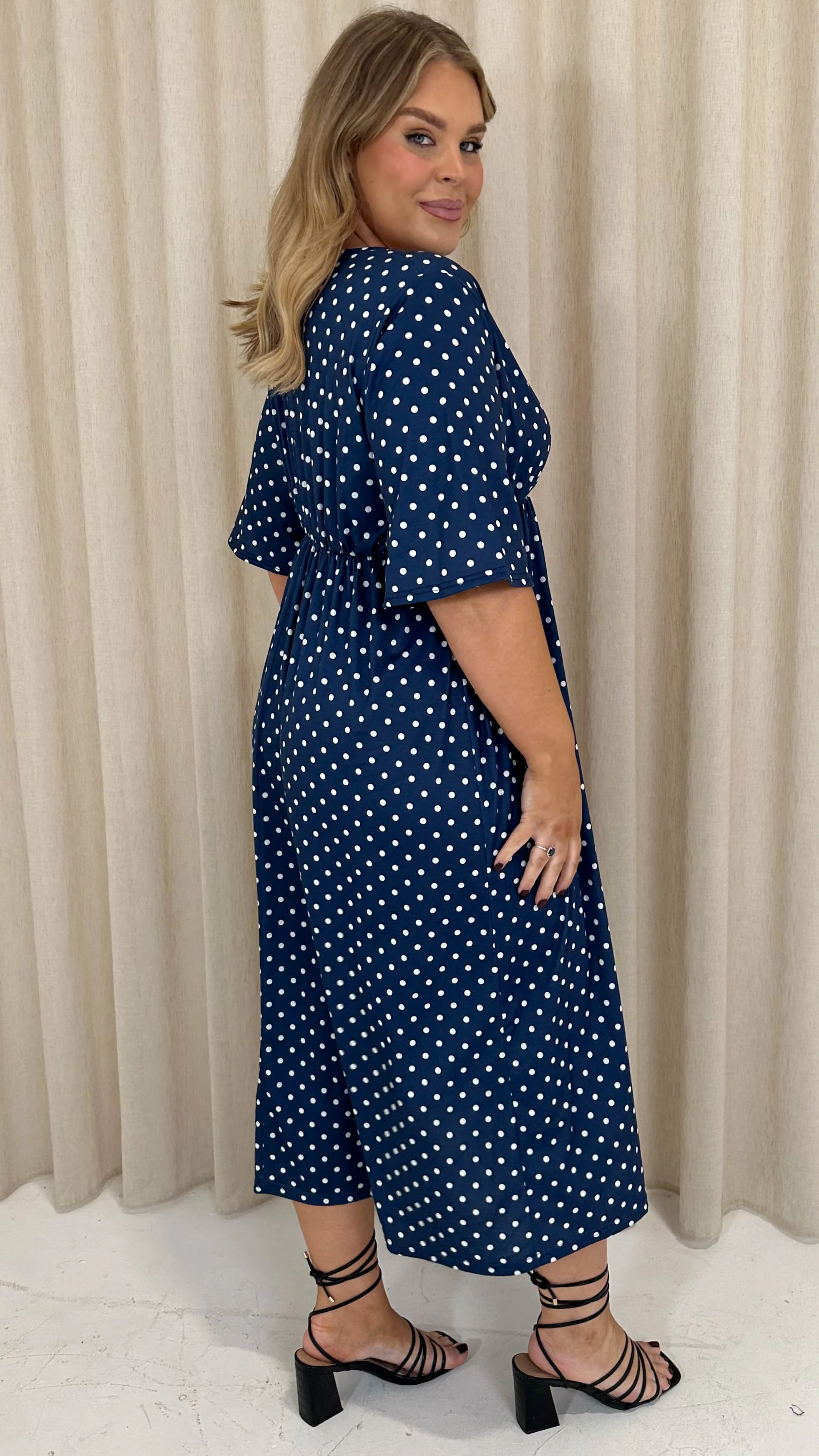 CurveWow Wrap Midi Dress Navy Spot - Image 8