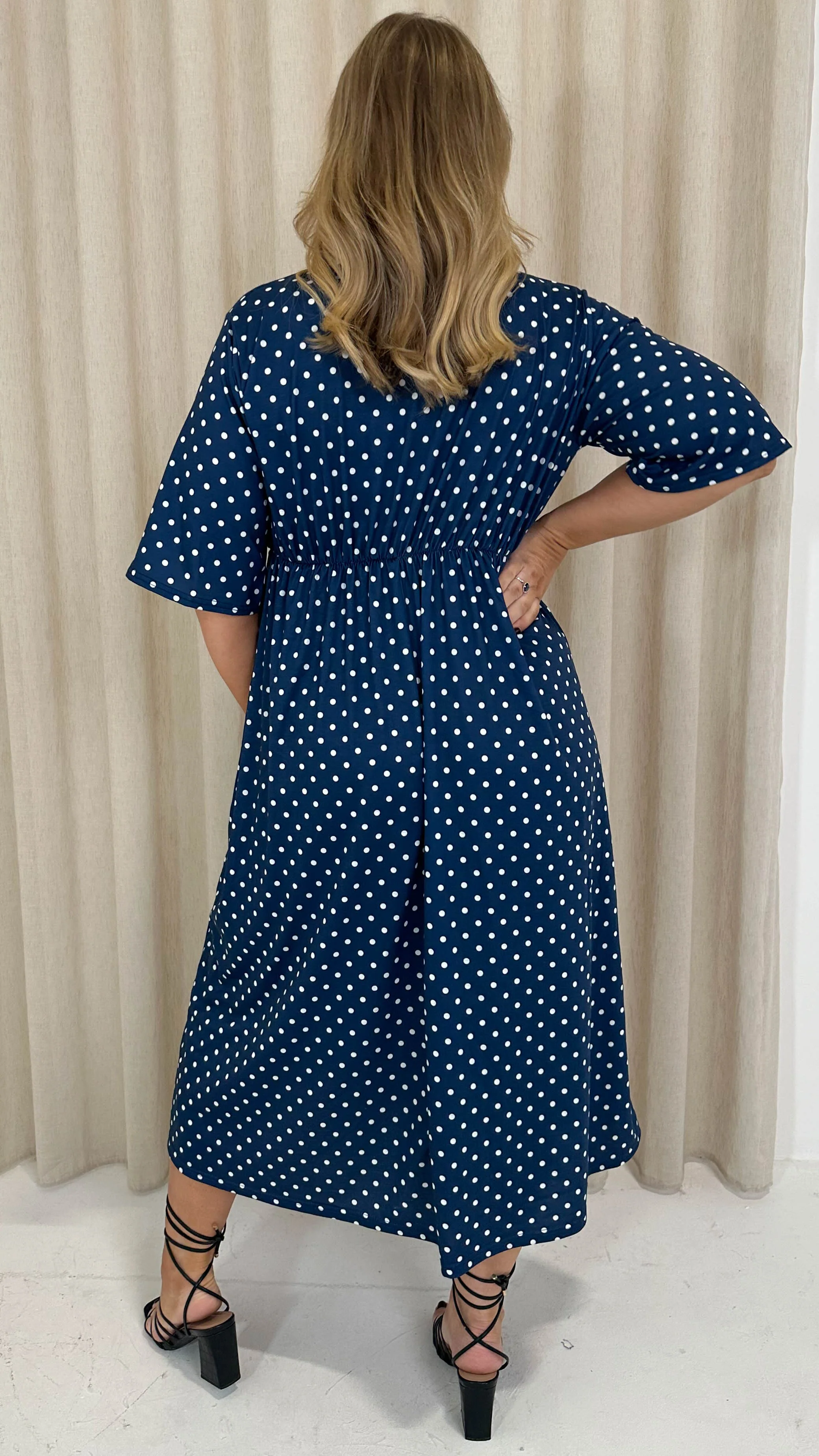 CurveWow Wrap Midi Dress Navy Spot - Image 9