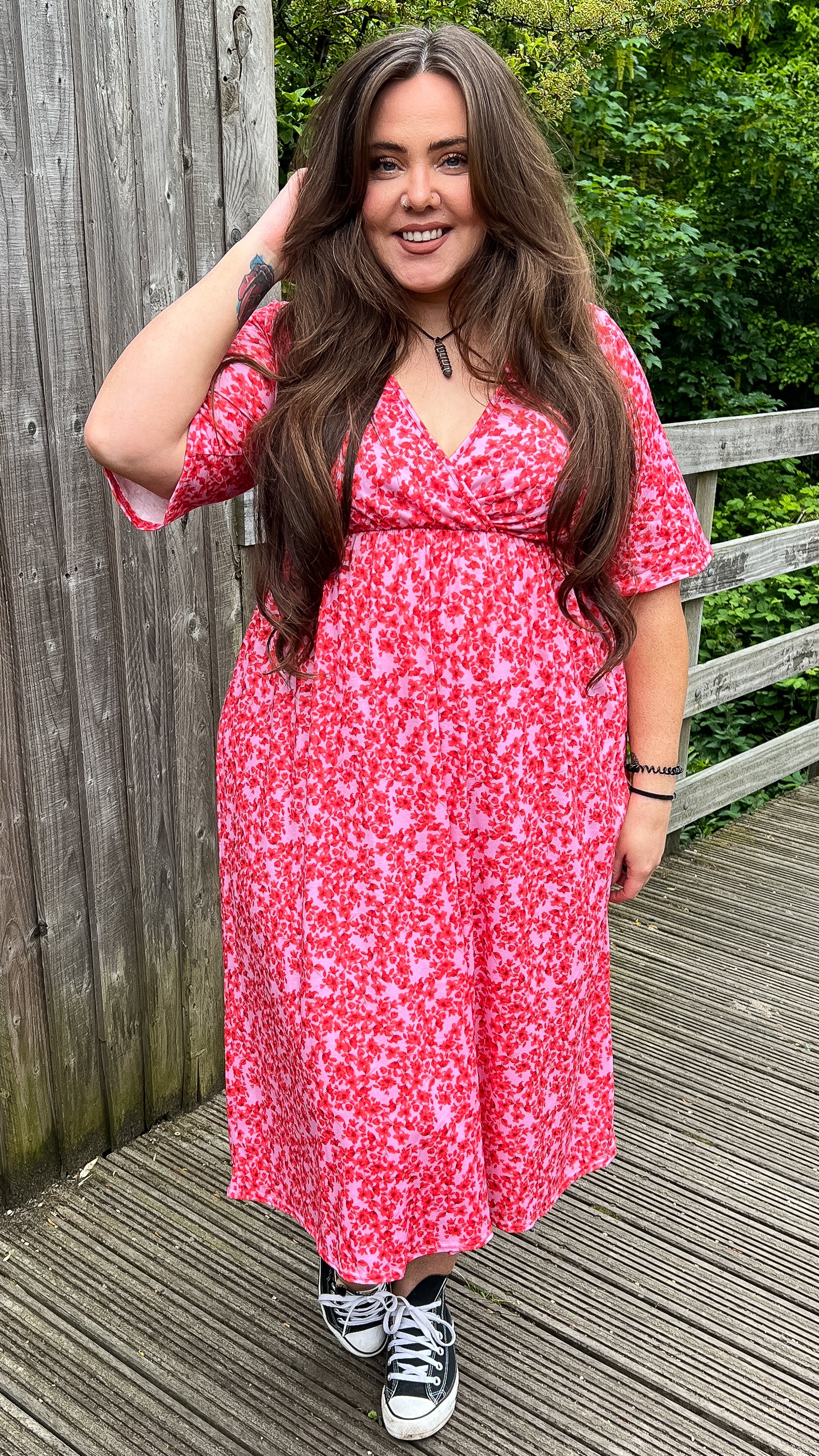 CurveWow Wrap Midi Dress Pink Ditsy Floral - Image 3