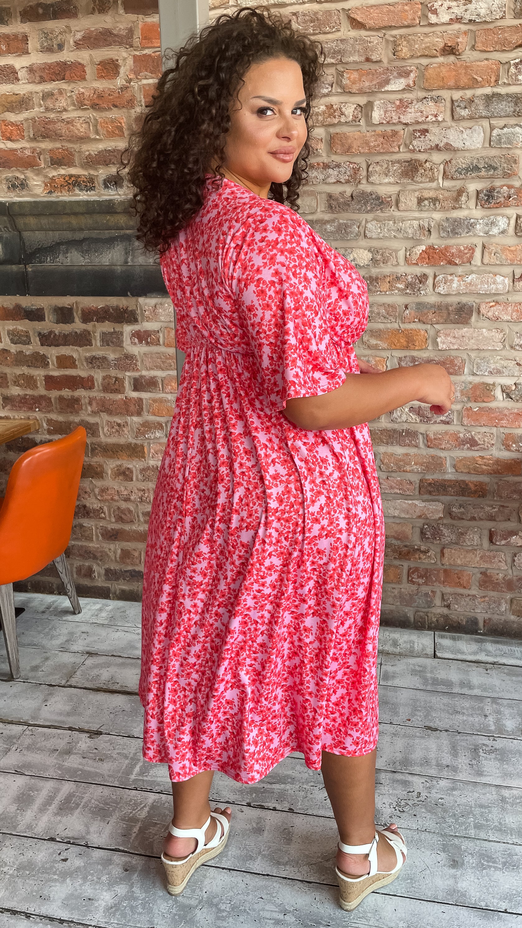 CurveWow Wrap Midi Dress Pink Ditsy Floral - Image 7
