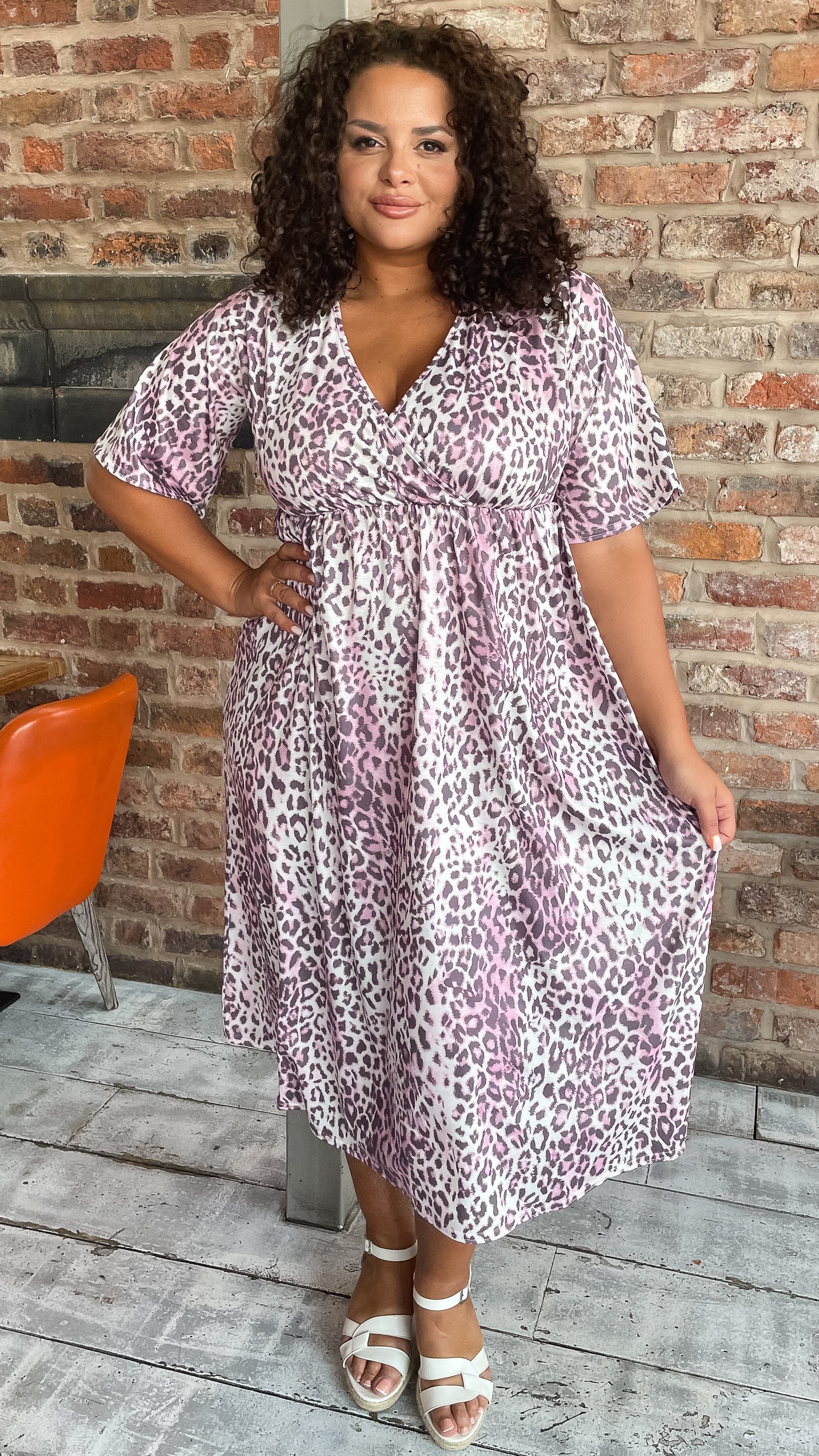 CurveWow Wrap Midi Dress Pink Leopard
