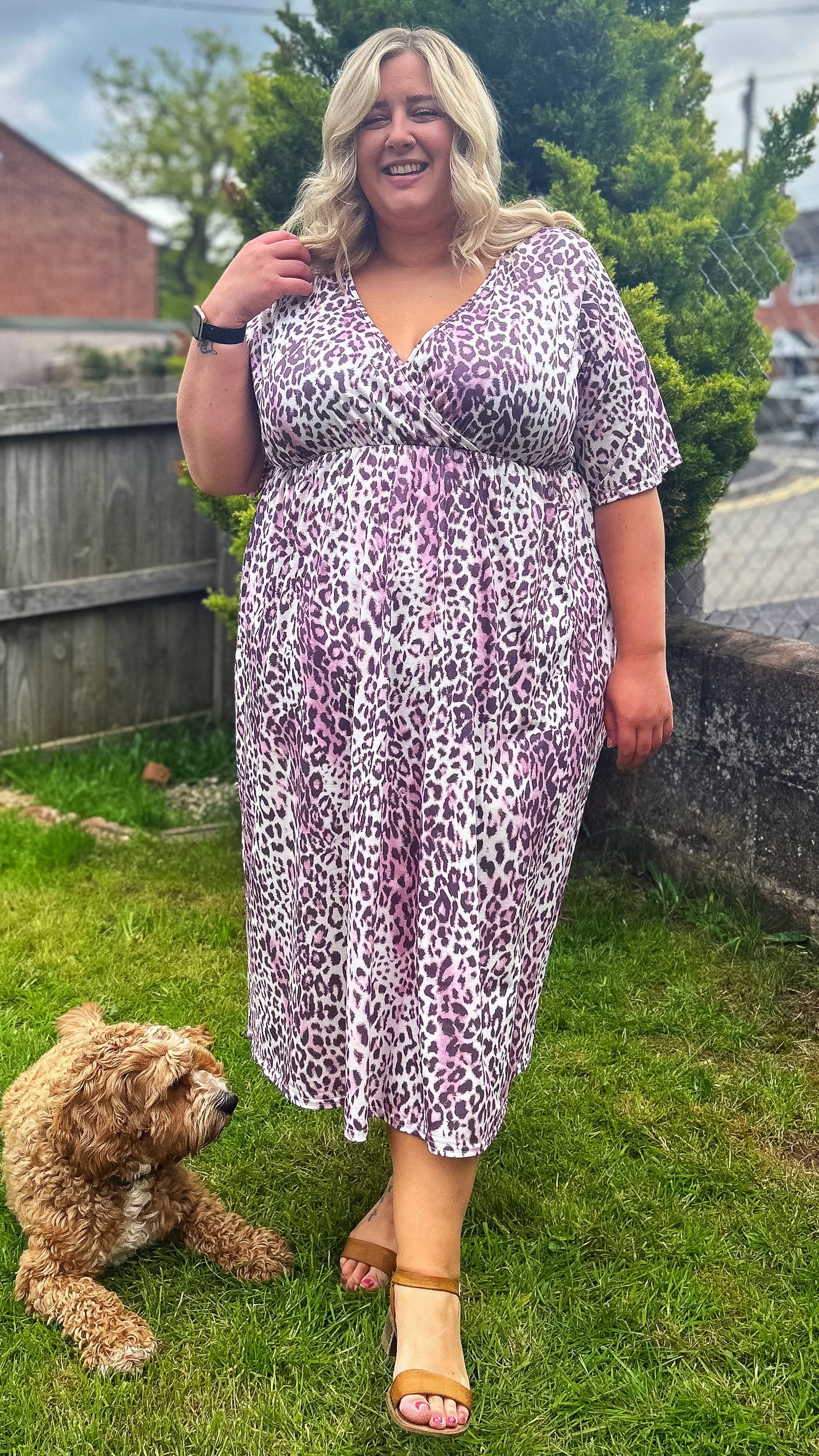 CurveWow Wrap Midi Dress Pink Leopard - Image 10