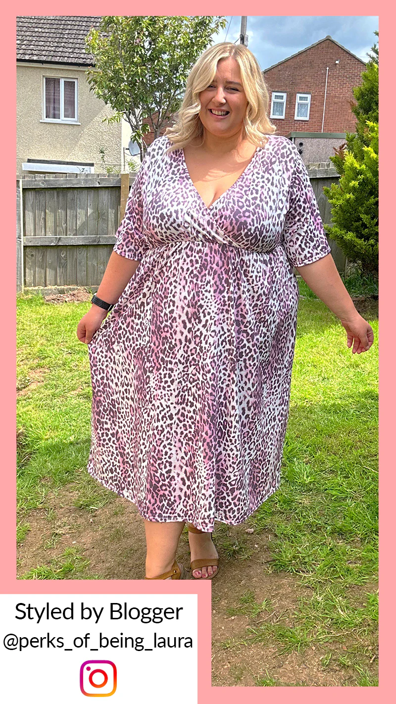 CurveWow Wrap Midi Dress Pink Leopard - Image 2