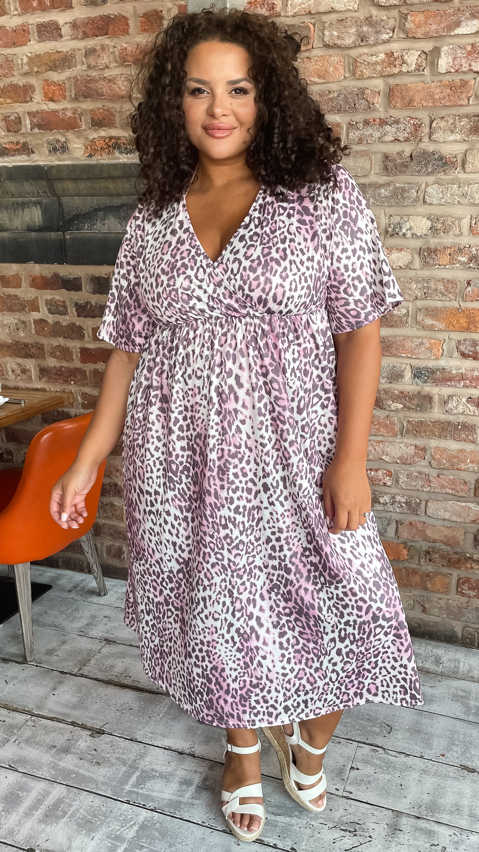 CurveWow Wrap Midi Dress Pink Leopard - Image 5