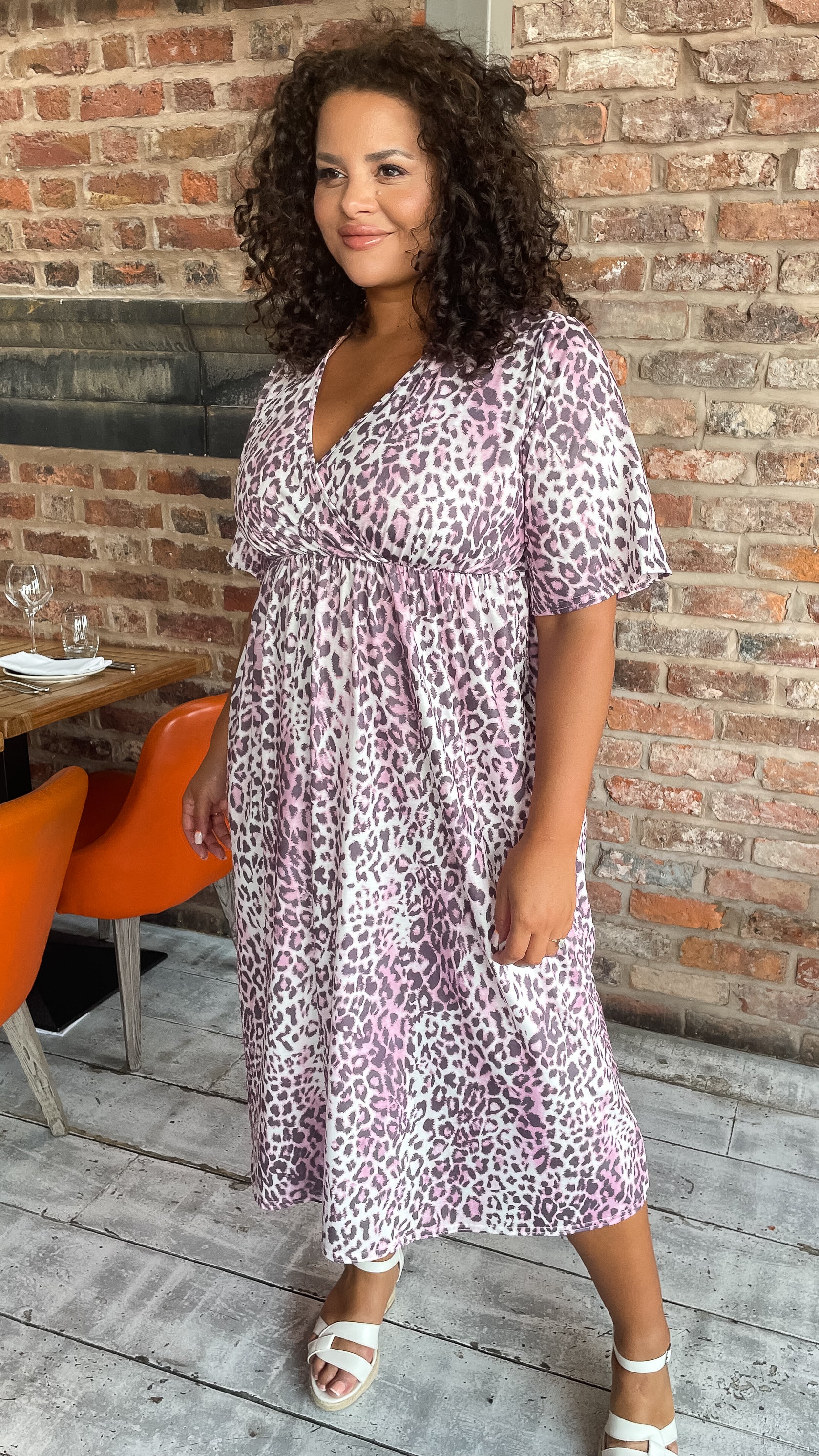 CurveWow Wrap Midi Dress Pink Leopard - Image 6