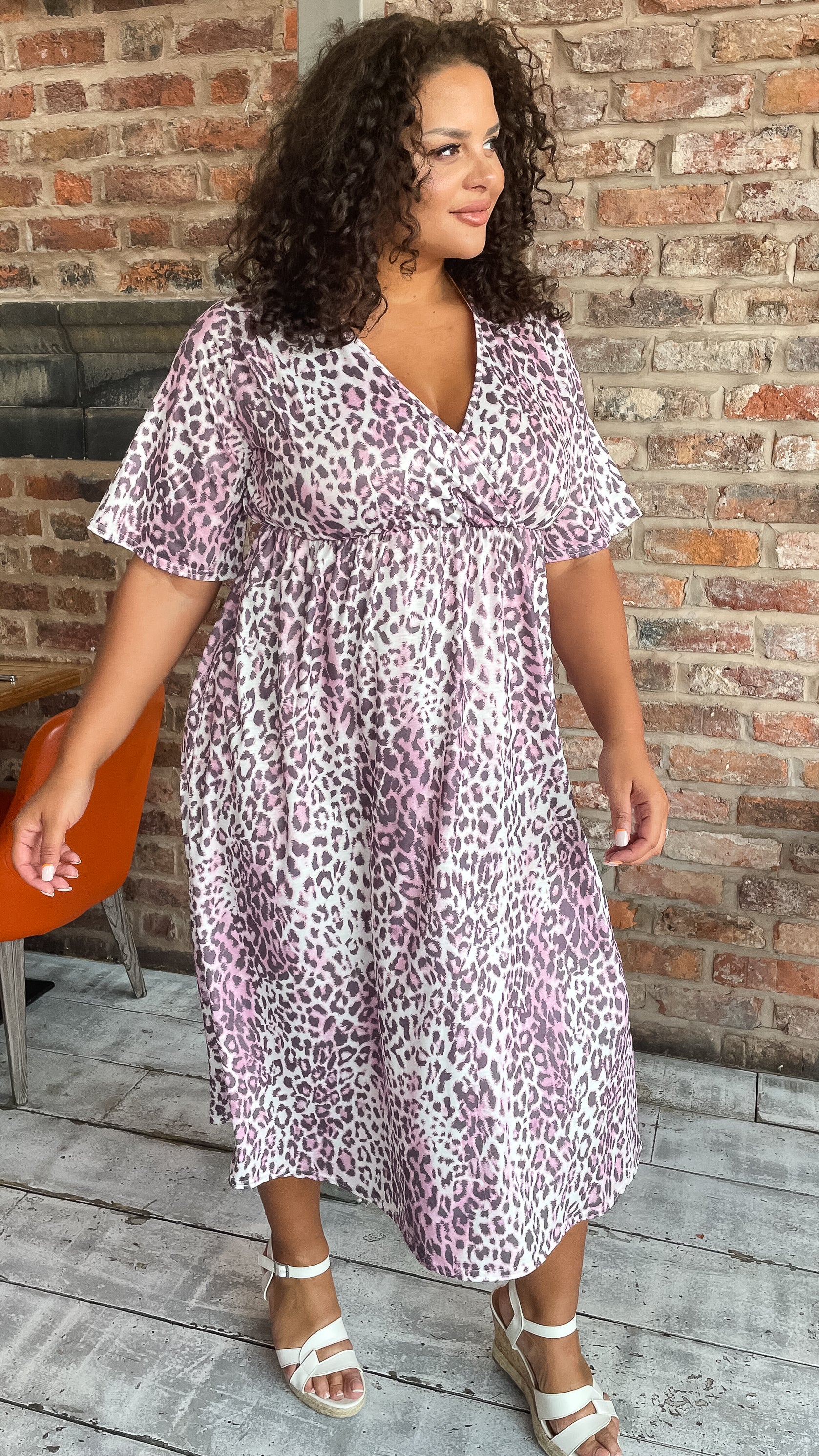 CurveWow Wrap Midi Dress Pink Leopard - Image 7
