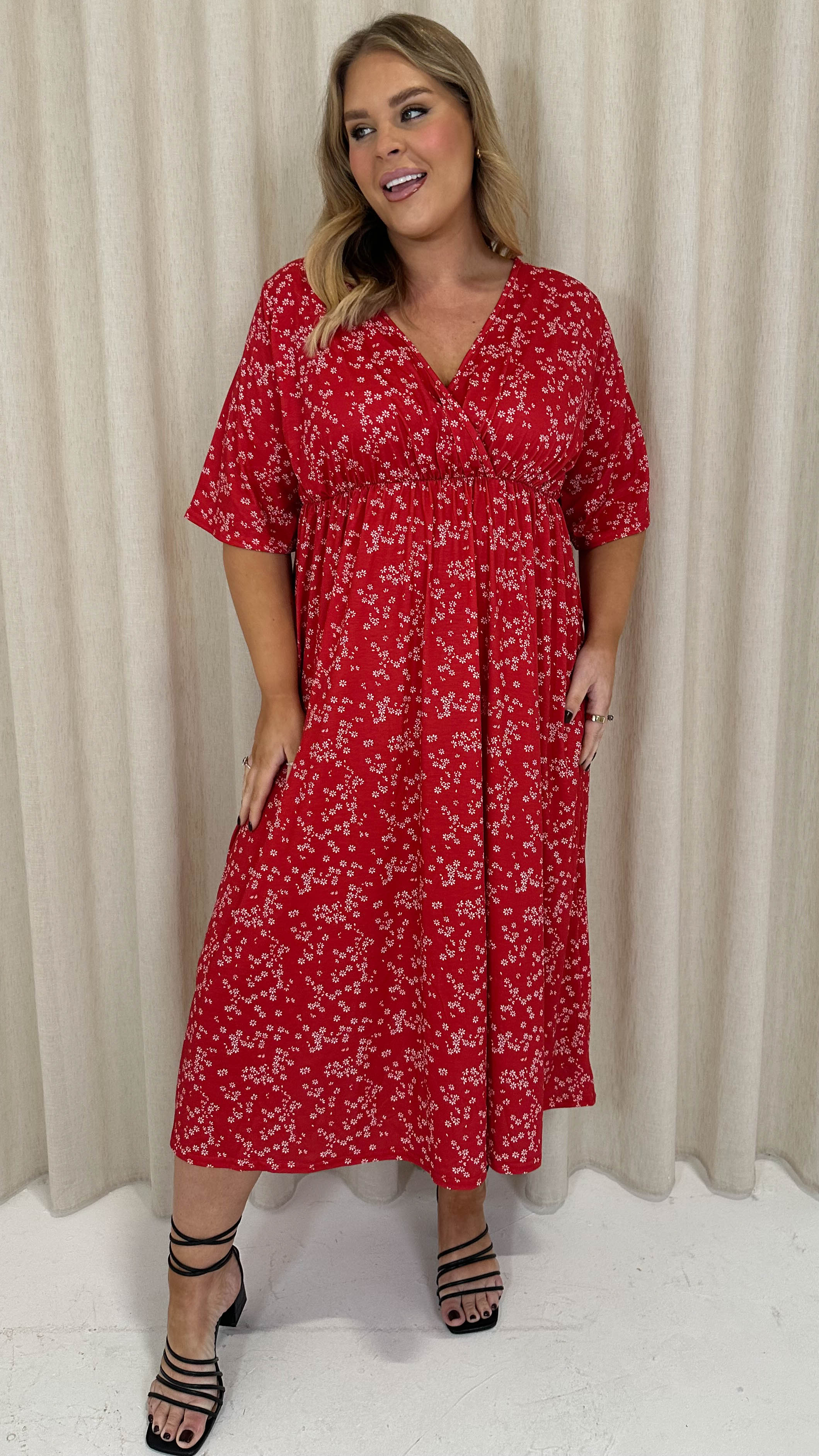 CurveWow Wrap Midi Dress Red Ditsy - Image 3