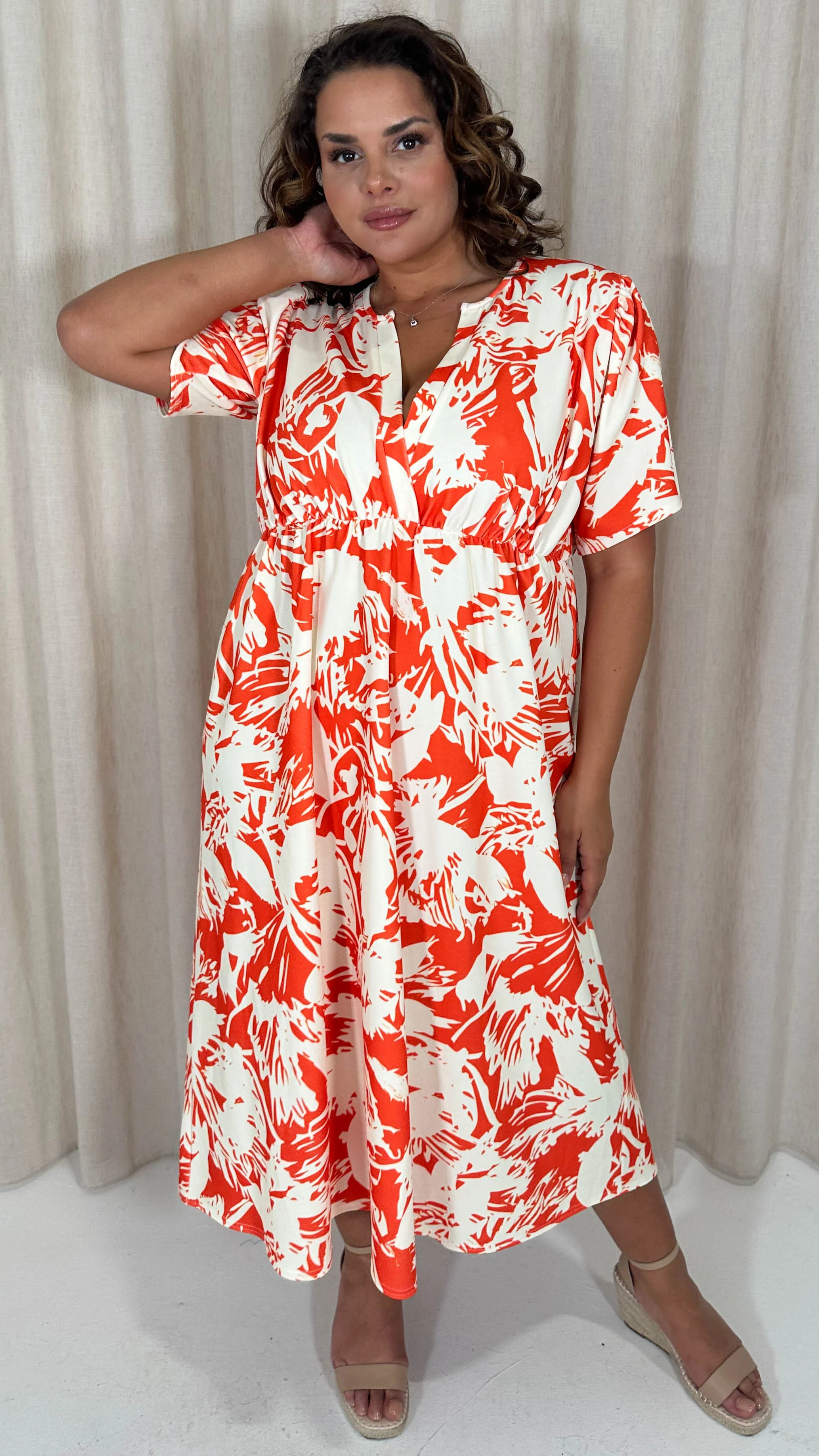 CurveWow Wrap Notch Neck Midi Dress Orange Floral - Image 4