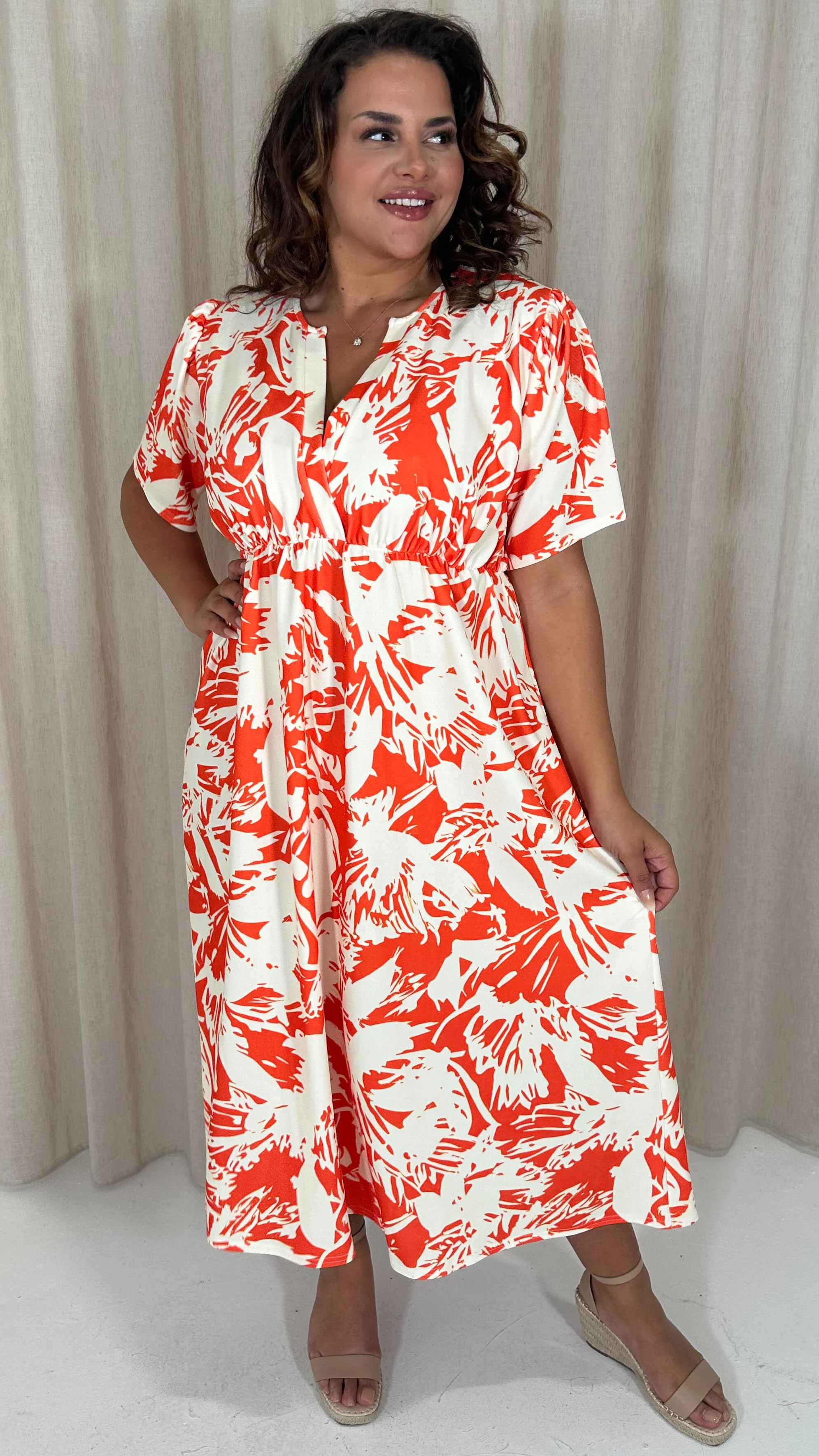 CurveWow Wrap Notch Neck Midi Dress Orange Floral - Image 6