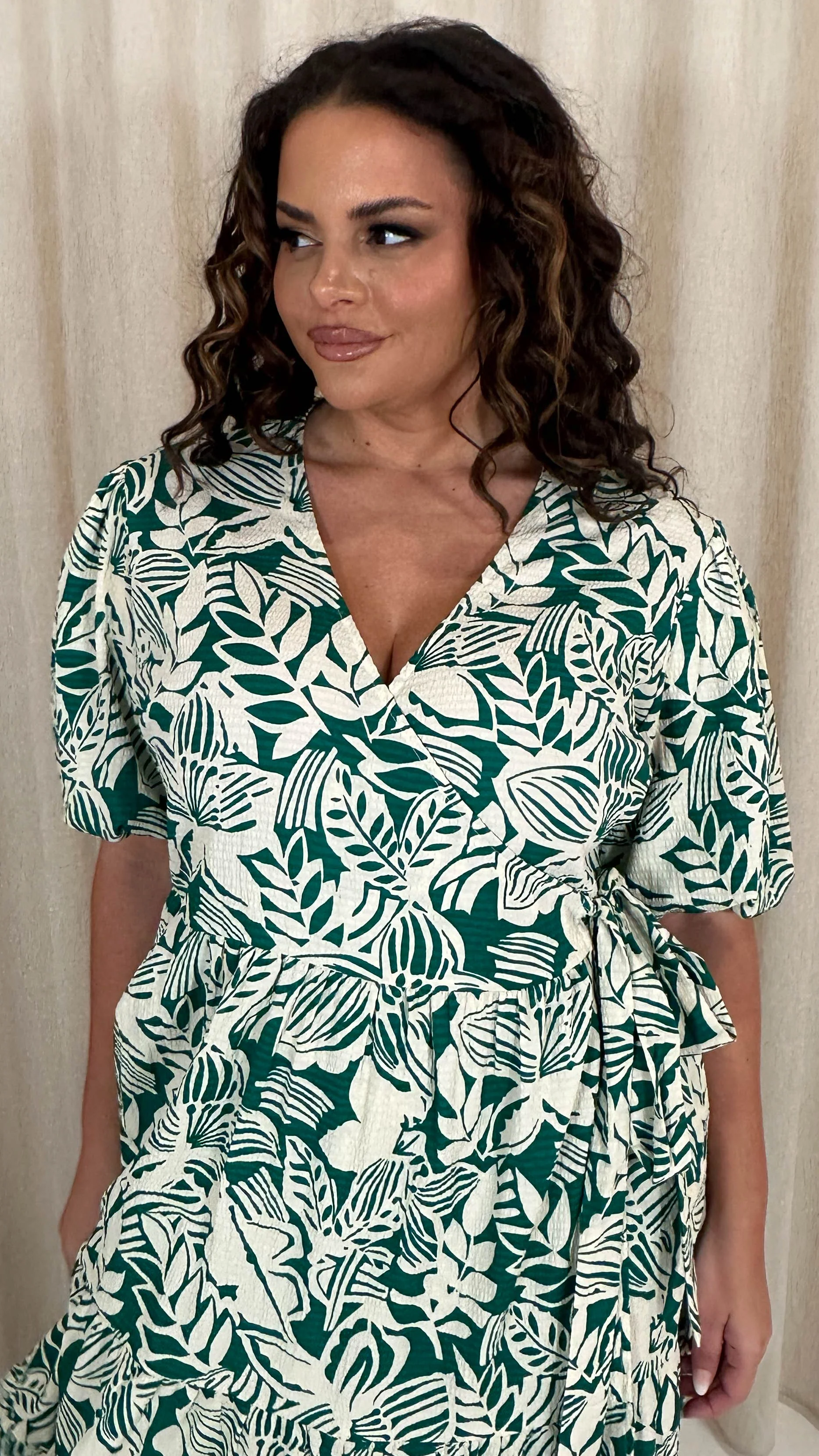 CurveWow Puff Sleeve Tiered Wrap Dress Teal Green Floral - Image 2
