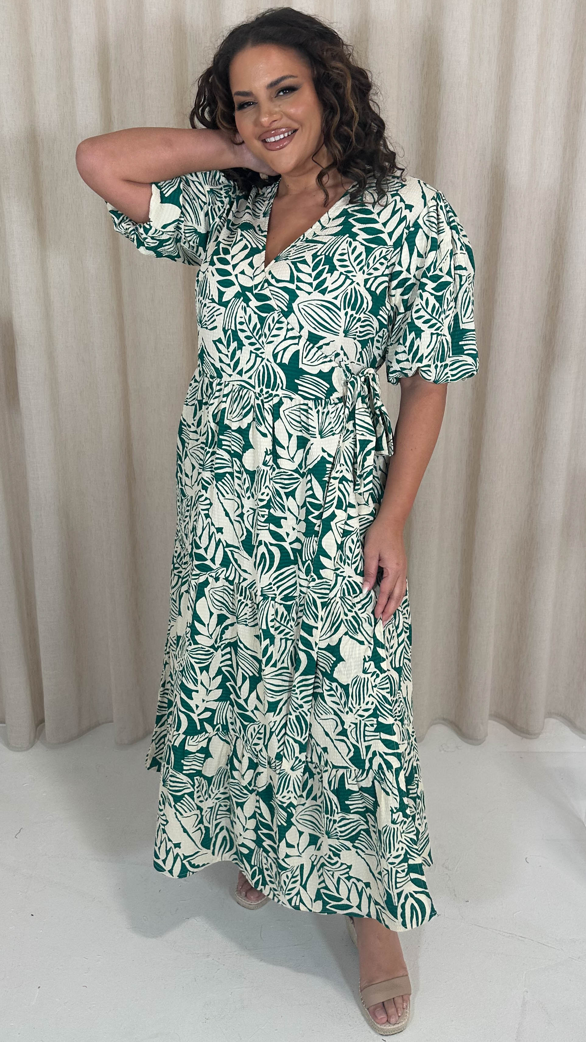 CurveWow Puff Sleeve Tiered Wrap Dress Teal Green Floral - Image 3
