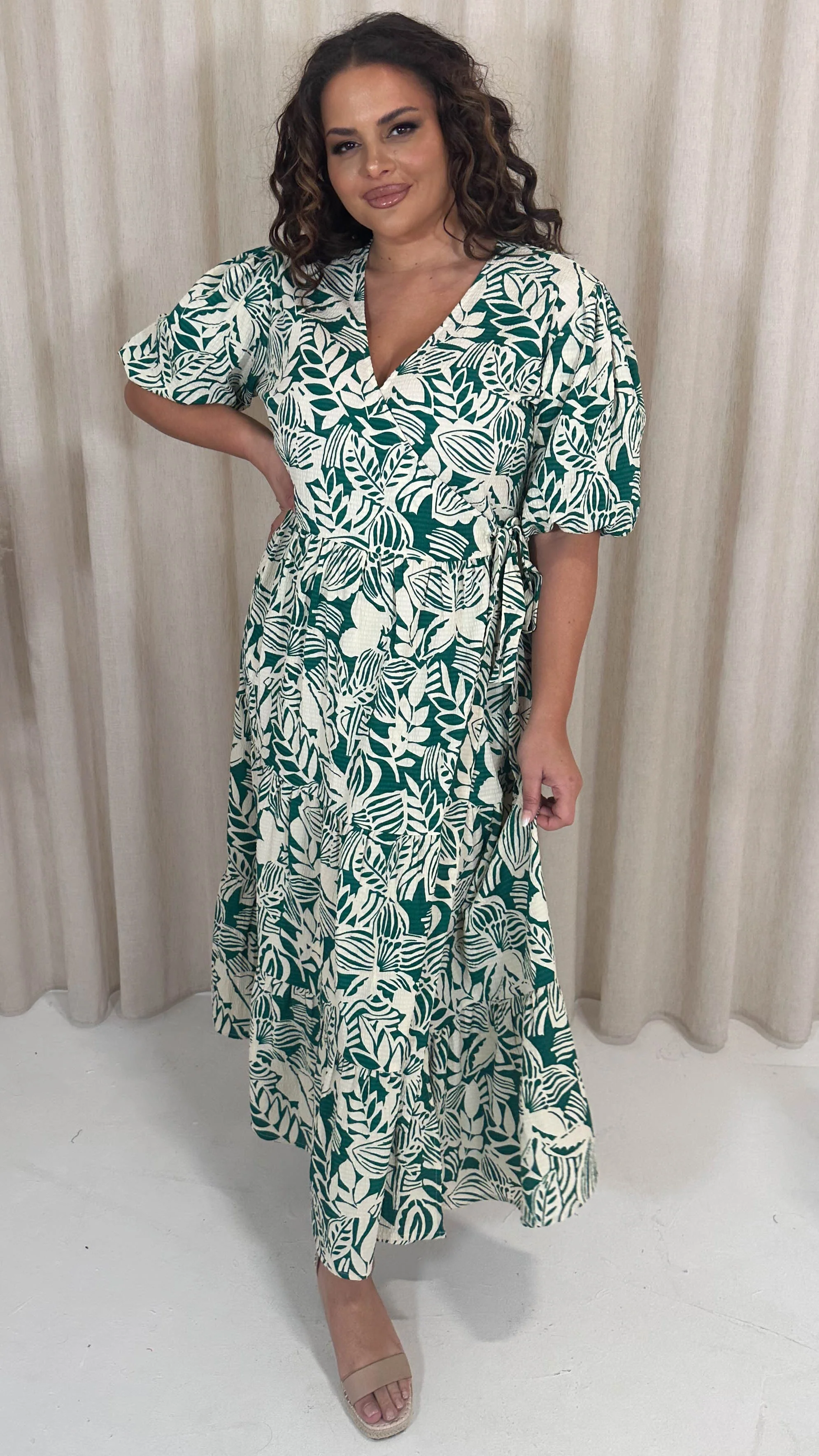 CurveWow Puff Sleeve Tiered Wrap Dress Teal Green Floral - Image 4